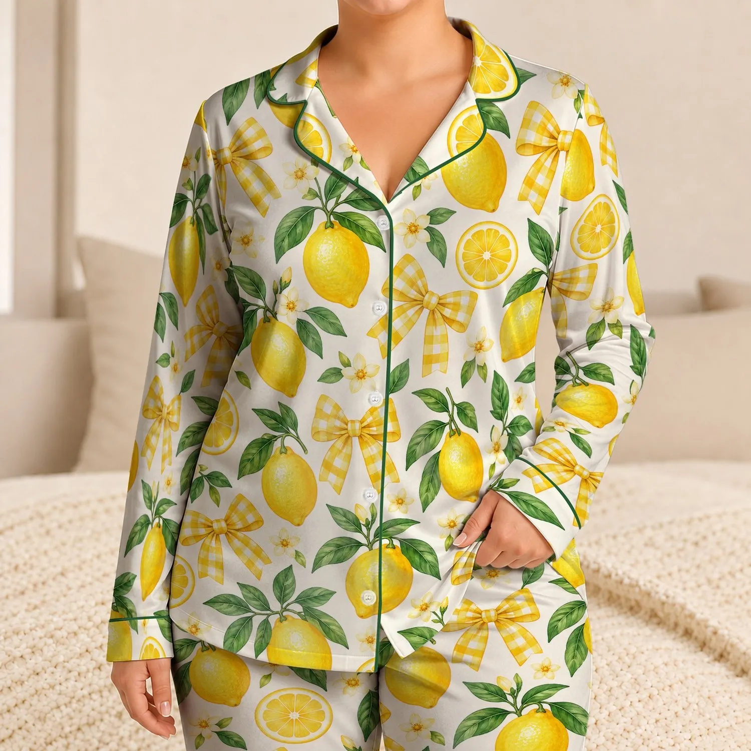 Lemon And Gingham Bow Motifs For Cheerful Summer Lounging And Cozy Home Days For Kids Satin Pajamas Set - 1