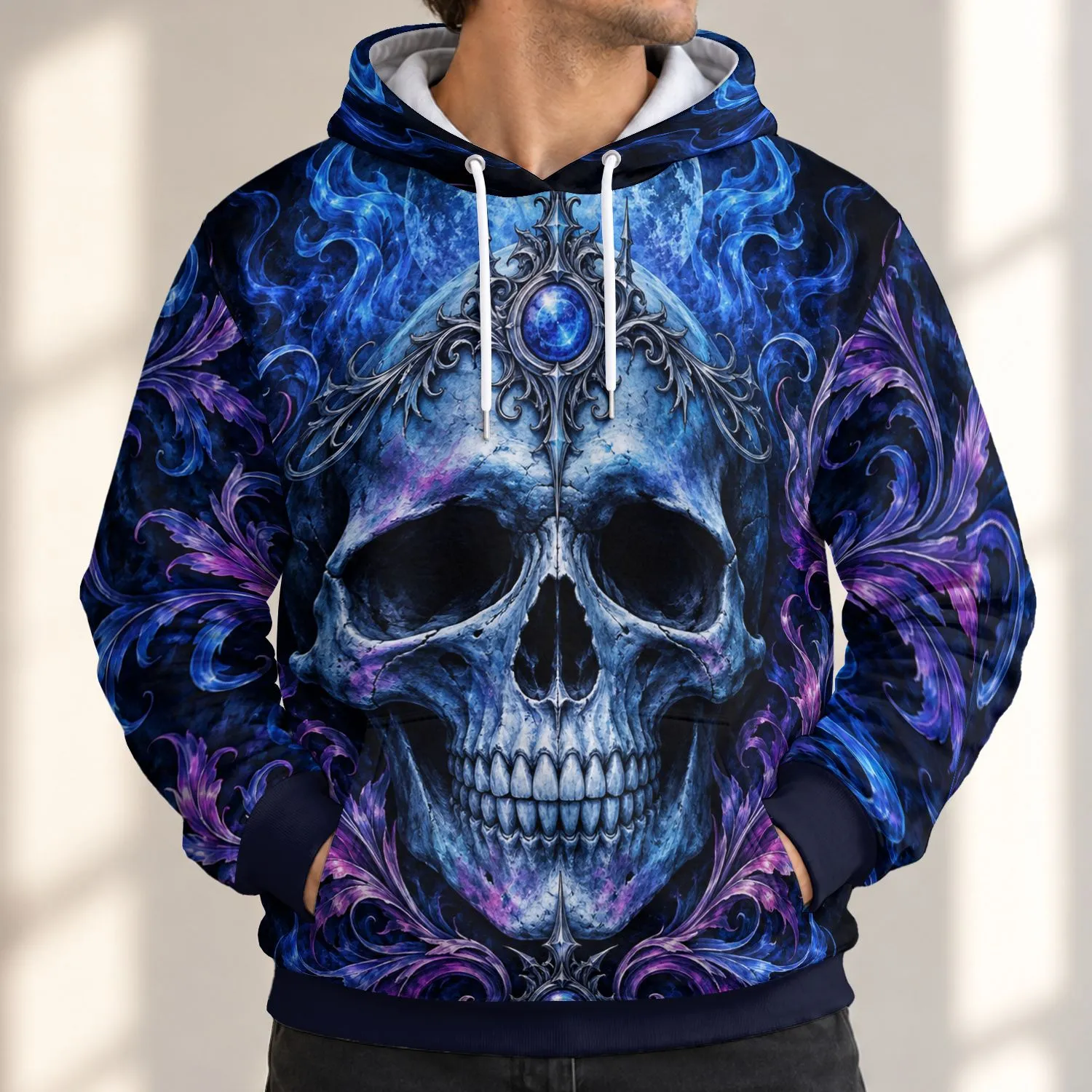 Icy Blue Ornate Skull for Concert Nights, Alternative Style and Everyday Wear All-over Print Hoodie (Lightweight) - 1