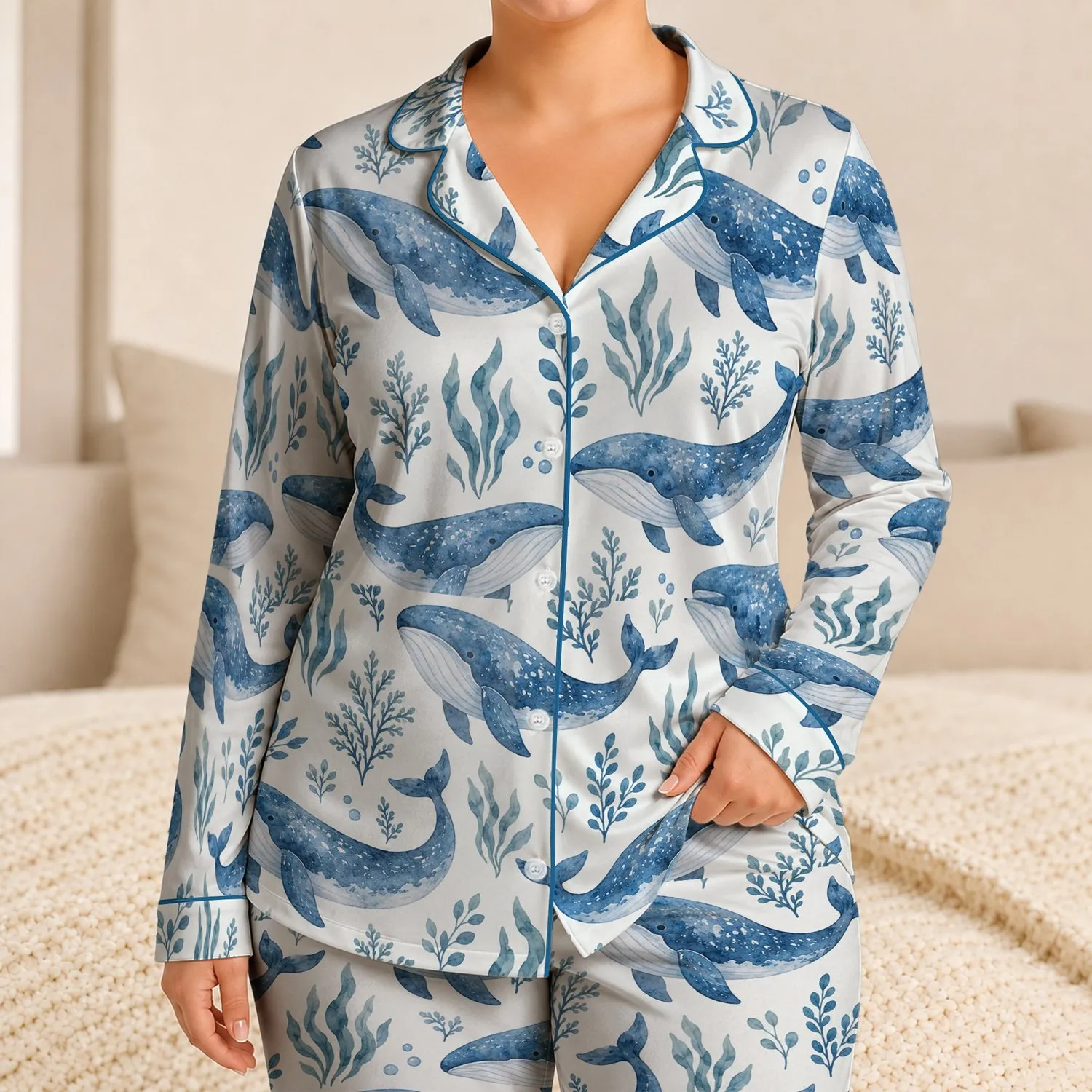Blue Whales and Seaweed for Cozy Coastal Nights and Little Ocean Lovers at Home Satin Pajamas Set - 1