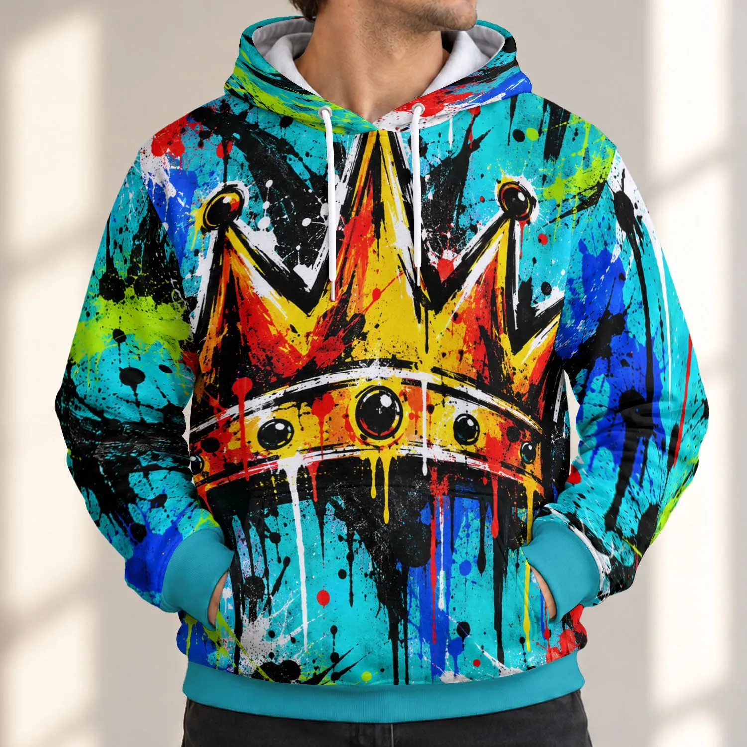 Bold Turquoise Crown And Splatter Art For Everyday Streetwear And Creative Youth Style All-over Print Hoodie (Lightweight) - 1