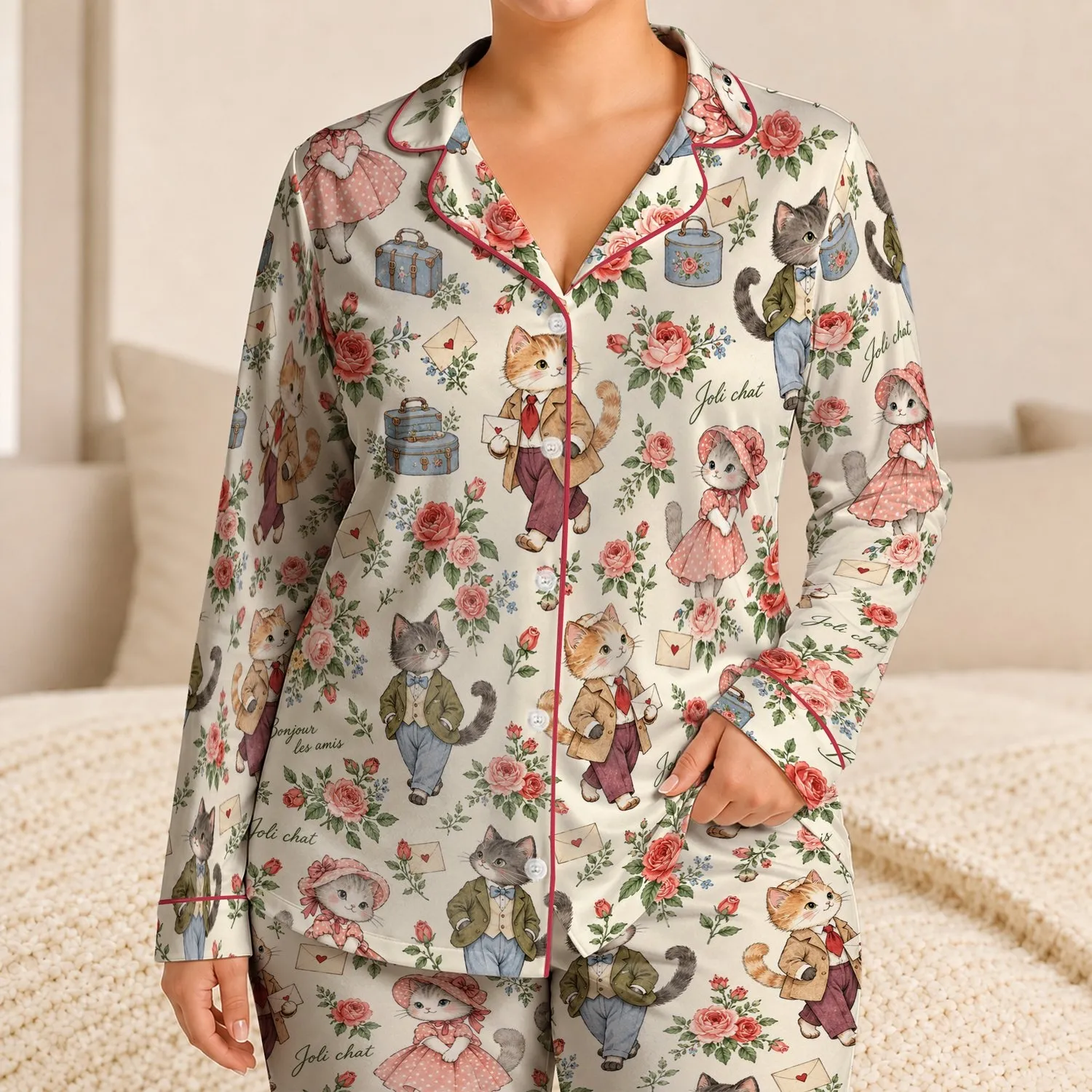 Whimsical French Cat Companions and Rose Bouquets for Cozy, Charming Gift Giving Anytime Satin Pajamas Set - 1