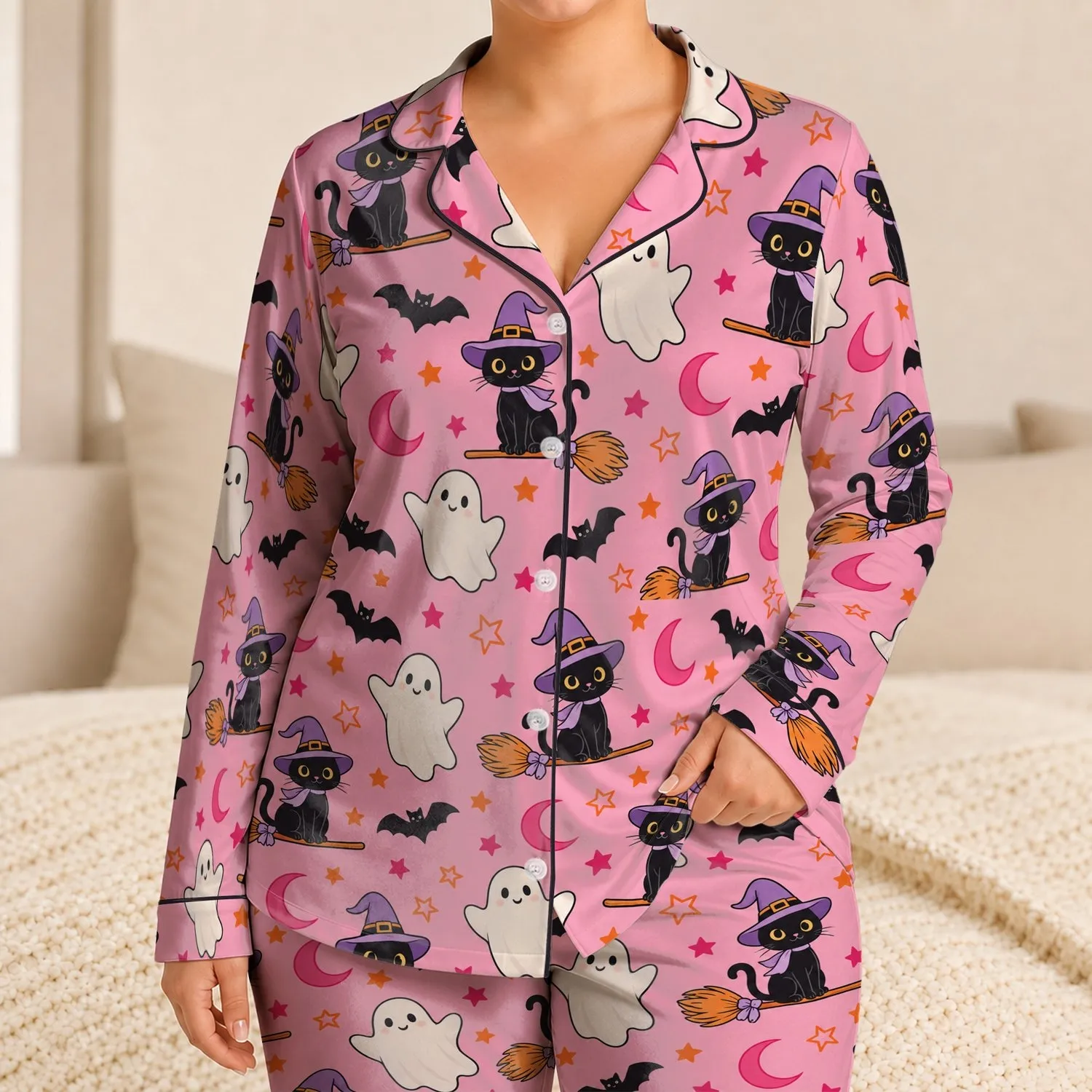 Cute Black Cats, Bats, Ghosts and Crescent Moons for Cozy Halloween Nights for Girls Satin Pajamas Set - 1