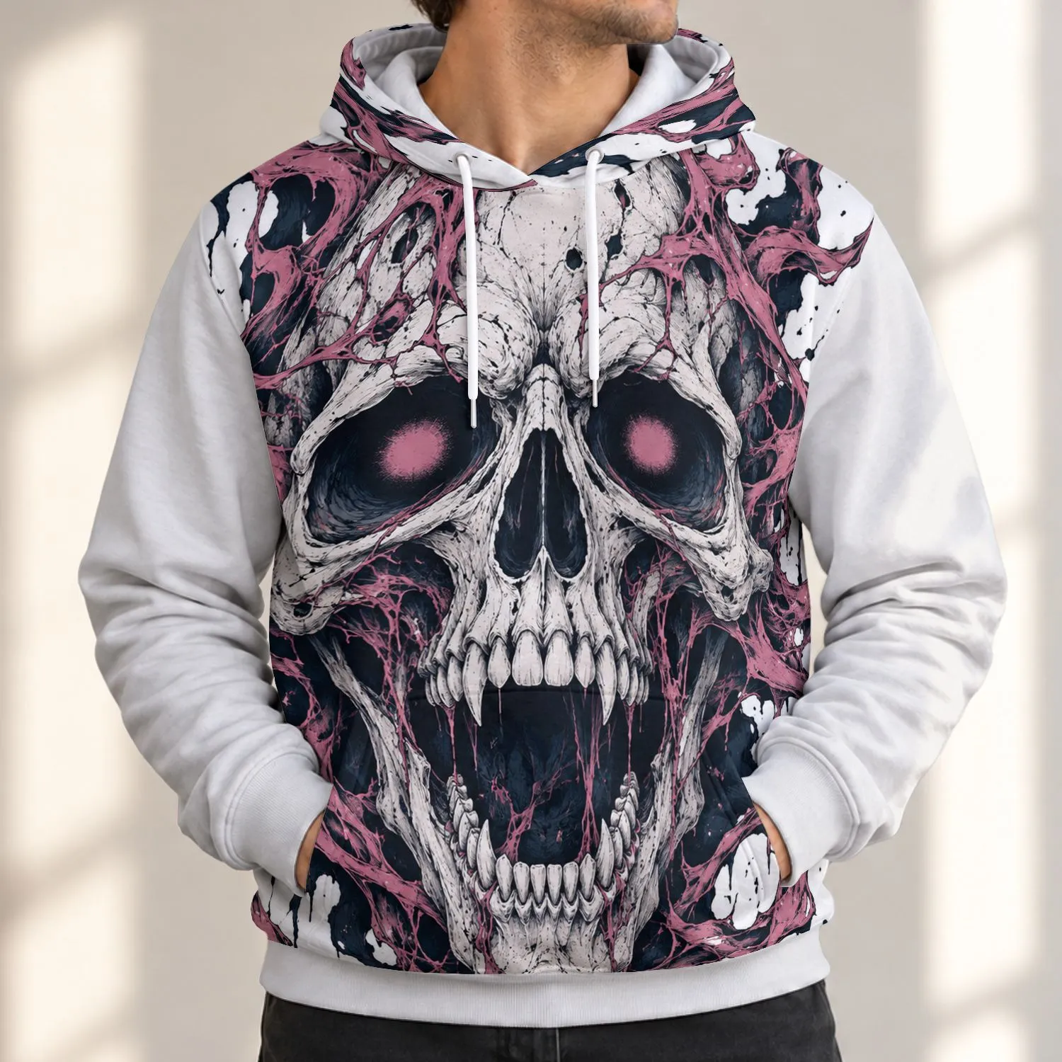 Pink Horror Skull Motif for Alternative Nightlife and Everyday Streetwear Style All-over Print Hoodie (Lightweight) - 1