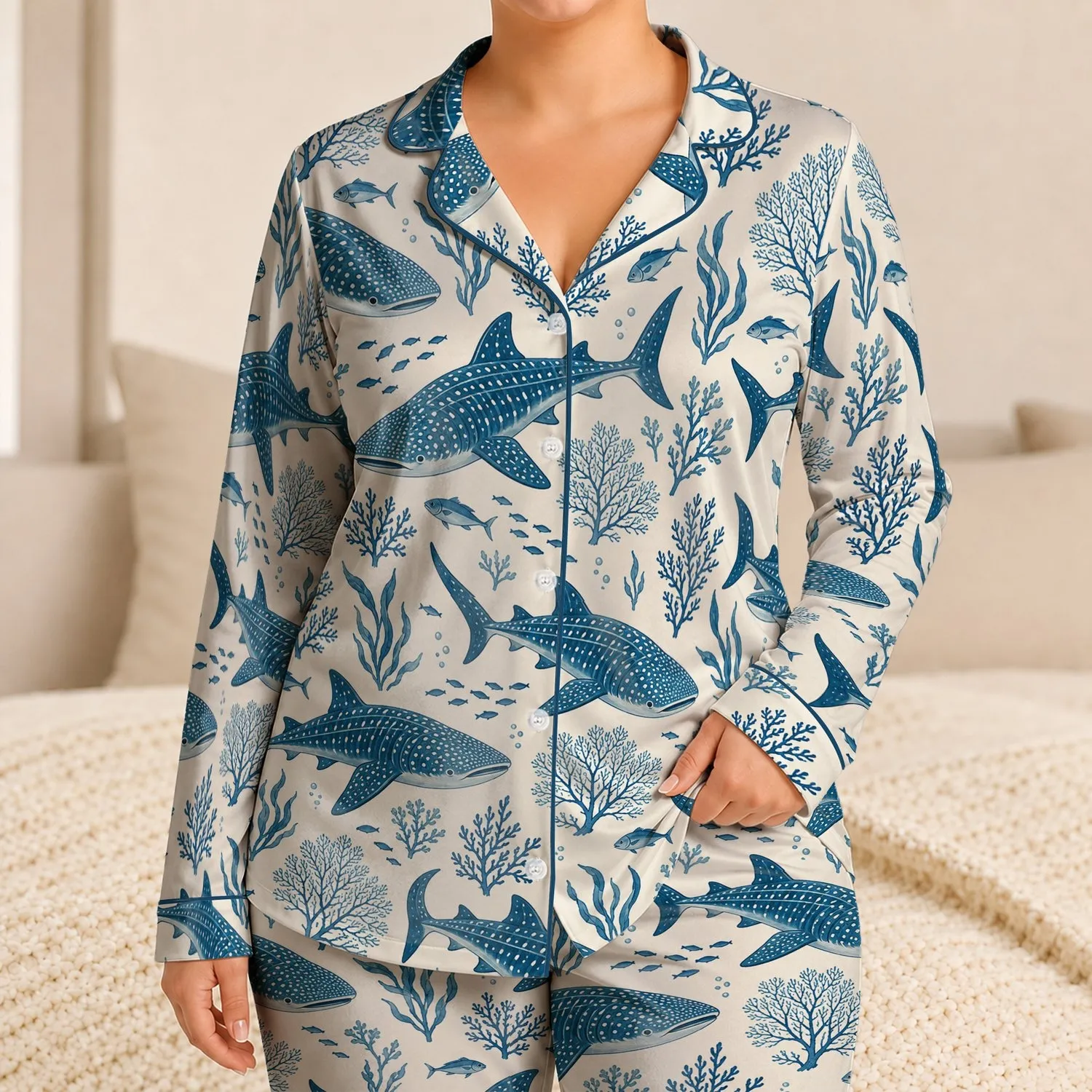 Whale Shark Ocean Life And Kelp For Coastal Getaways And Relaxed Summer Evenings Satin Pajamas Set - 1