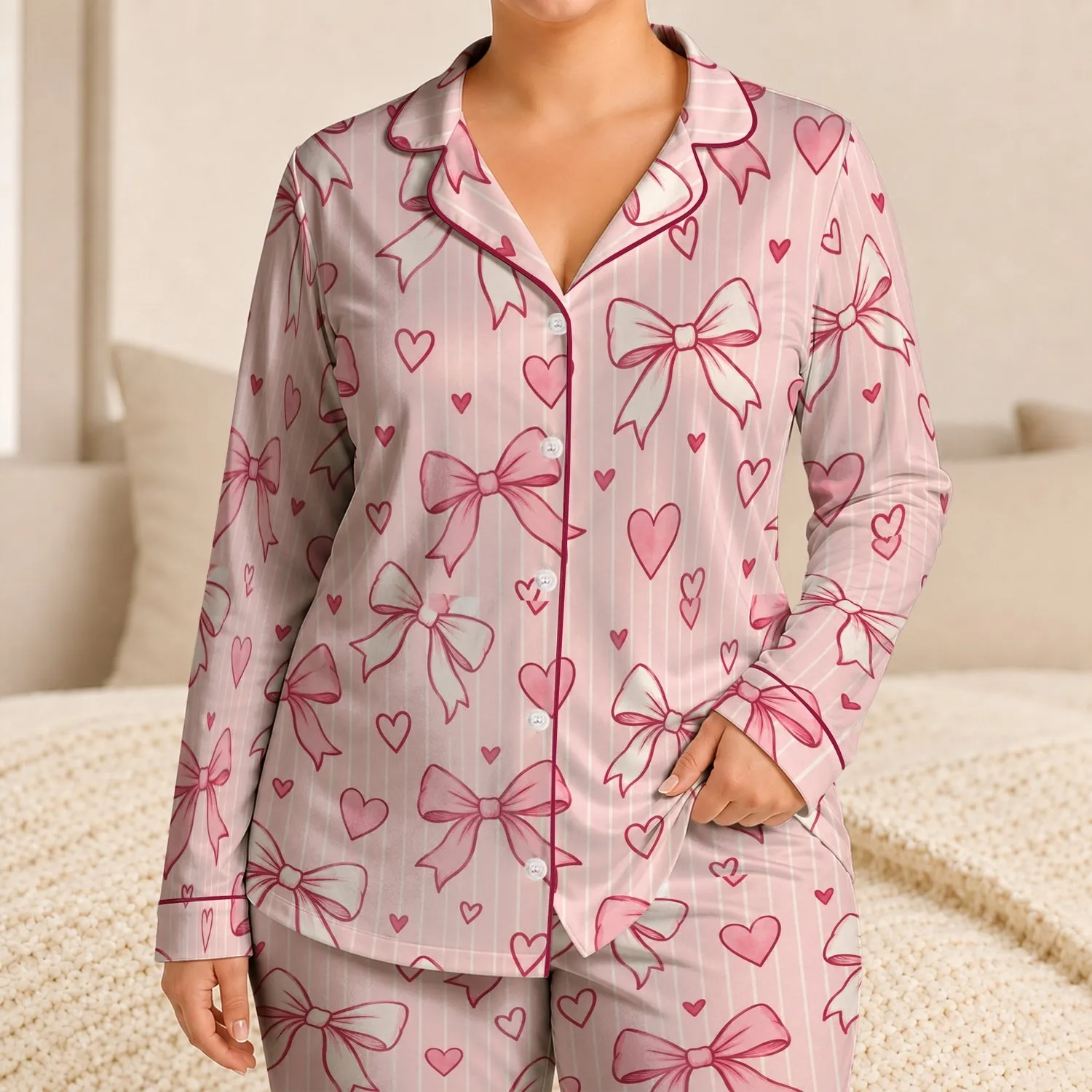 Pink Stripe Bows and Hearts for Cozy Summer Bedtime and Sweet Girls' Dreamy Nights Satin Pajamas Set - 1