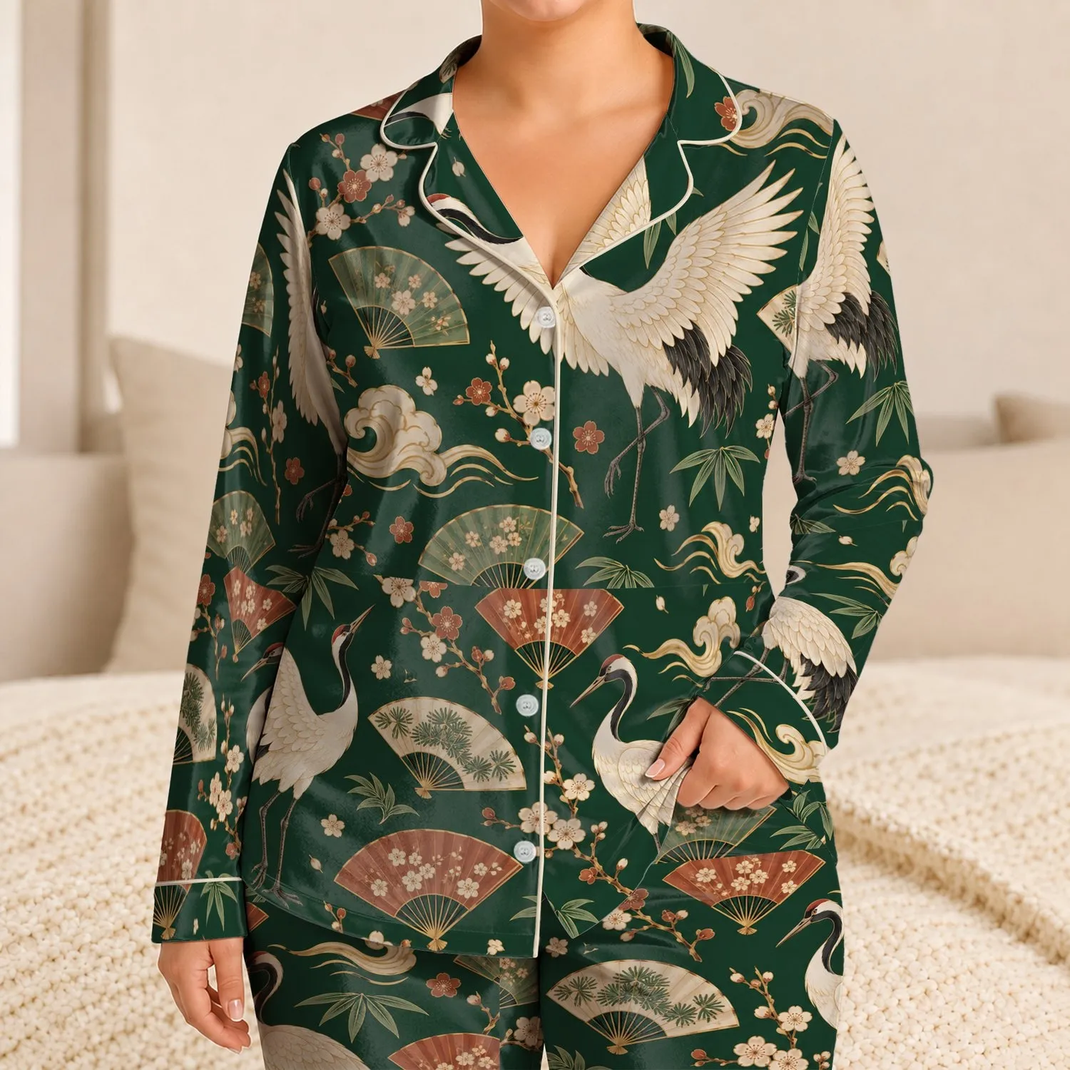 White Crane And Radiating Fan Motifs For Serene Coastal Getaways And Relaxed Evenings Satin Pajamas Set - 1