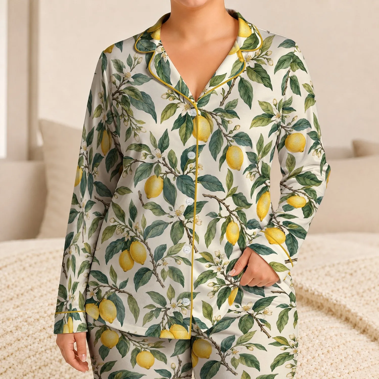 Lemon Branches and Golden Citrus for Sunny Summer Mornings and Relaxed Lounging Satin Pajamas Set - 1