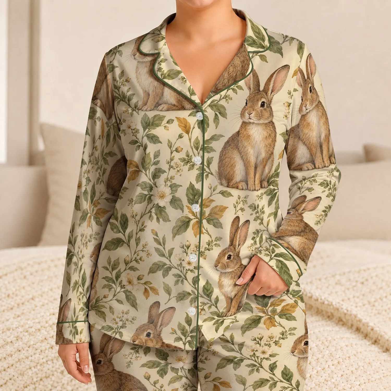 Vintage European Rabbit and Botanical Motifs for Cozy Woodland Evenings Satin Pajamas Set - 1