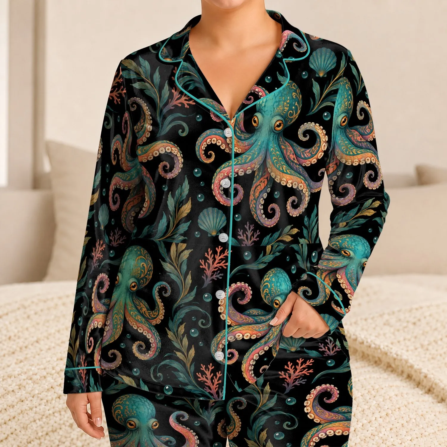 Colorful Octopus Ocean Motifs for Relaxed Coastal Evenings and Weekend Escapes for Men Satin Pajamas Set - 1