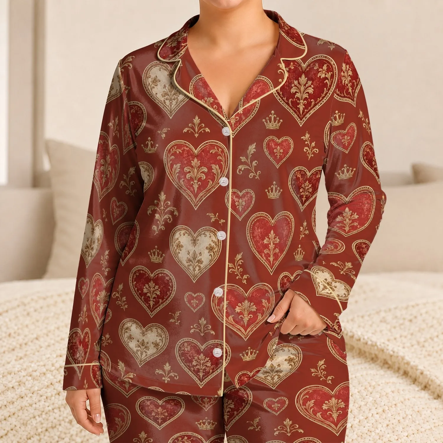 Vintage Rust Hearts for Cozy Valentine Evenings and Romantic Everyday Style for Him Satin Pajamas Set - 1