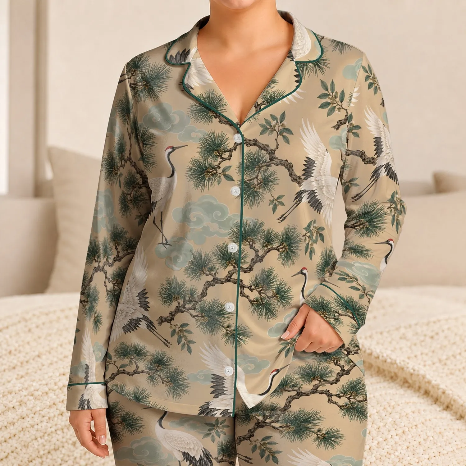 White Cranes and Pine Boughs for Serene Coastal Getaways and Summer Retreats Satin Pajamas Set - 1