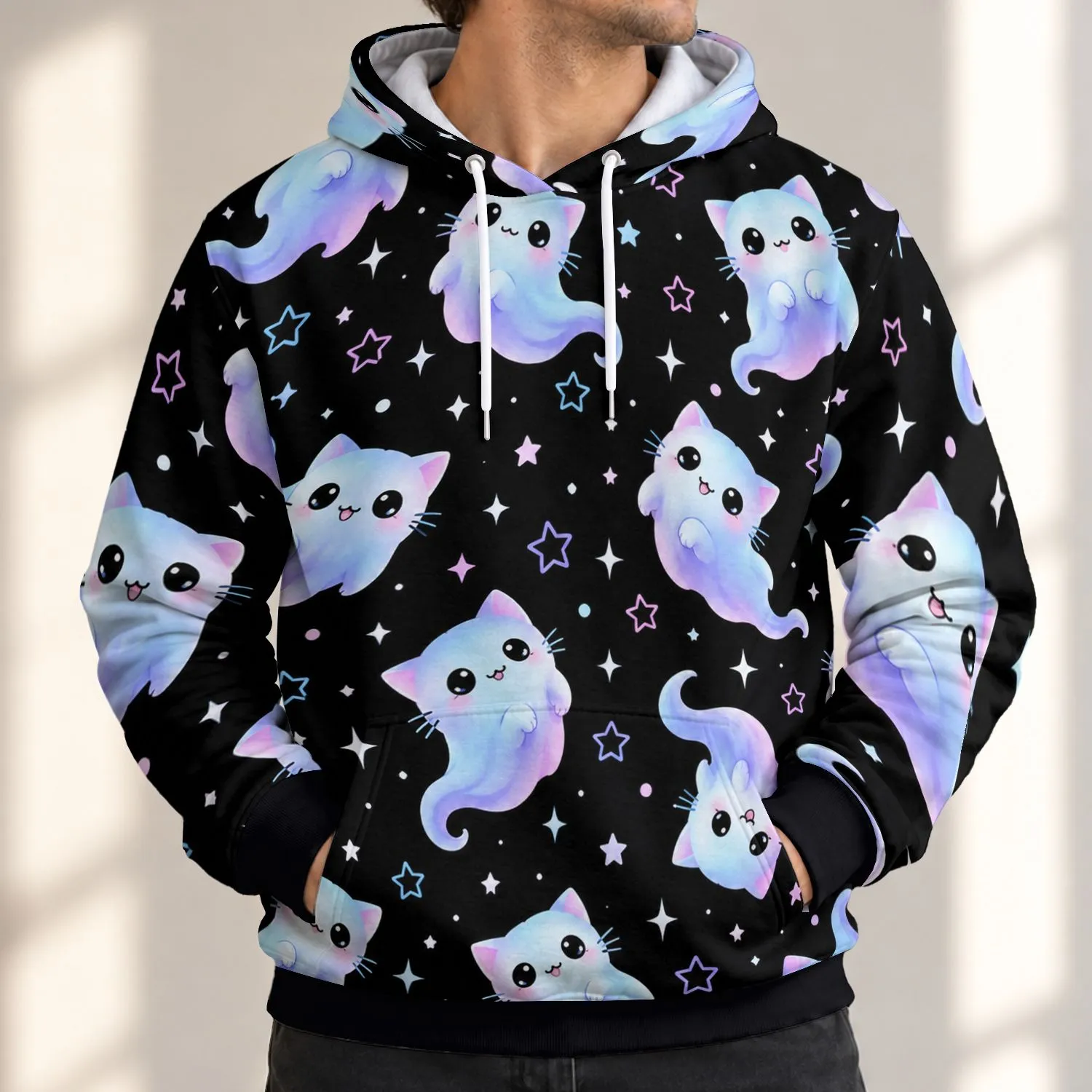 Pastel Ghost Cats and Neon Stars for Whimsical Everyday Wear and Nighttime Outings All-over Print Hoodie (Lightweight) - 1