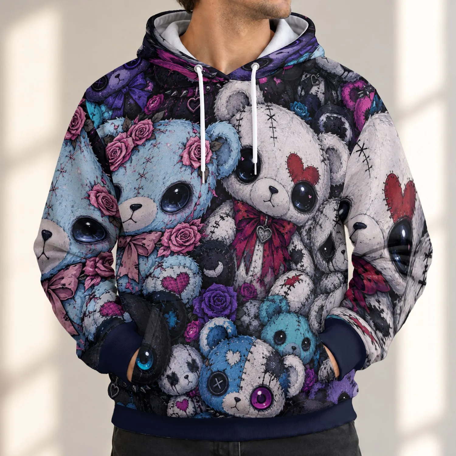 Colorful Gothic Plush Bear Collage for Everyday Streetwear and Creative Casual Outings All-over Print Hoodie (Lightweight) - 1