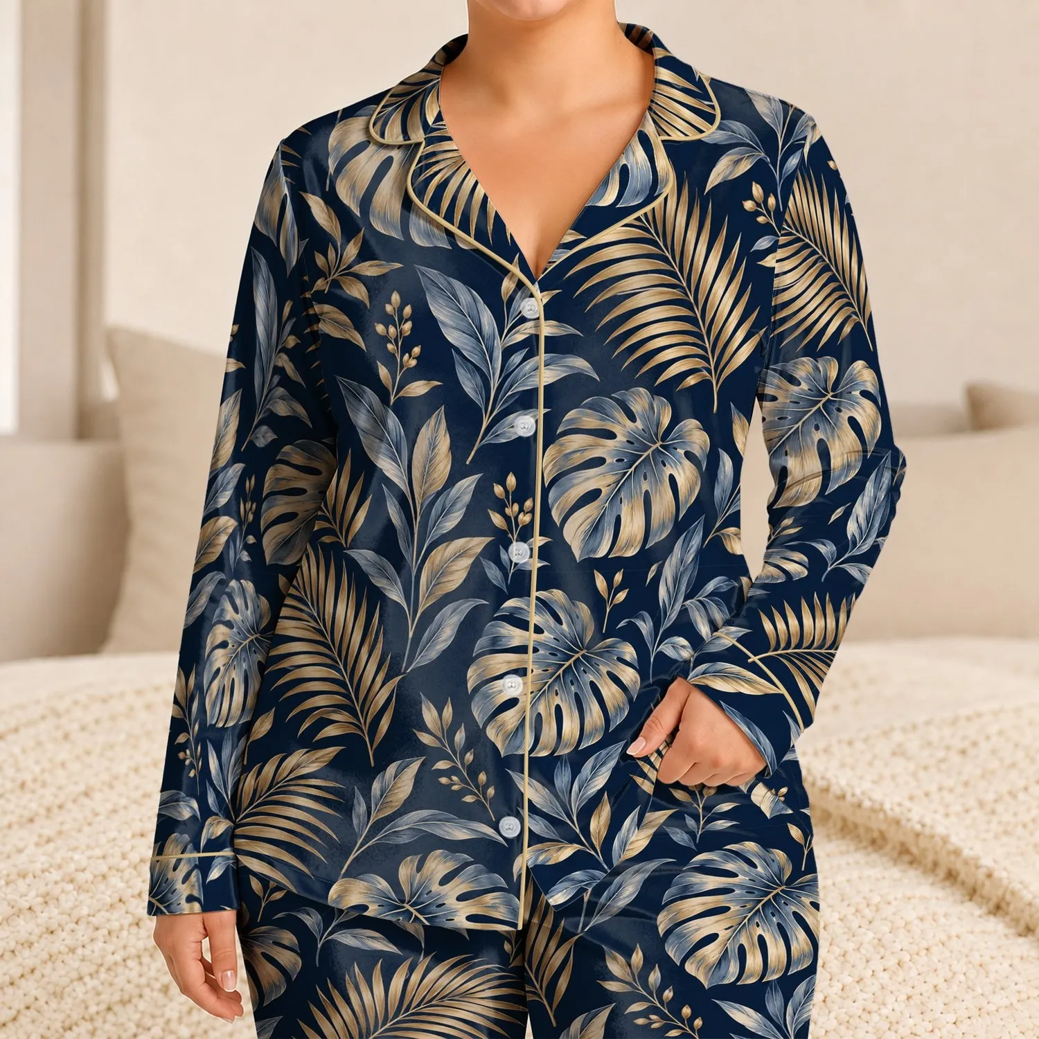 Golden Palm And Monstera Leaves For Relaxed Tropical Vacation Style Satin Pajamas Set - 1