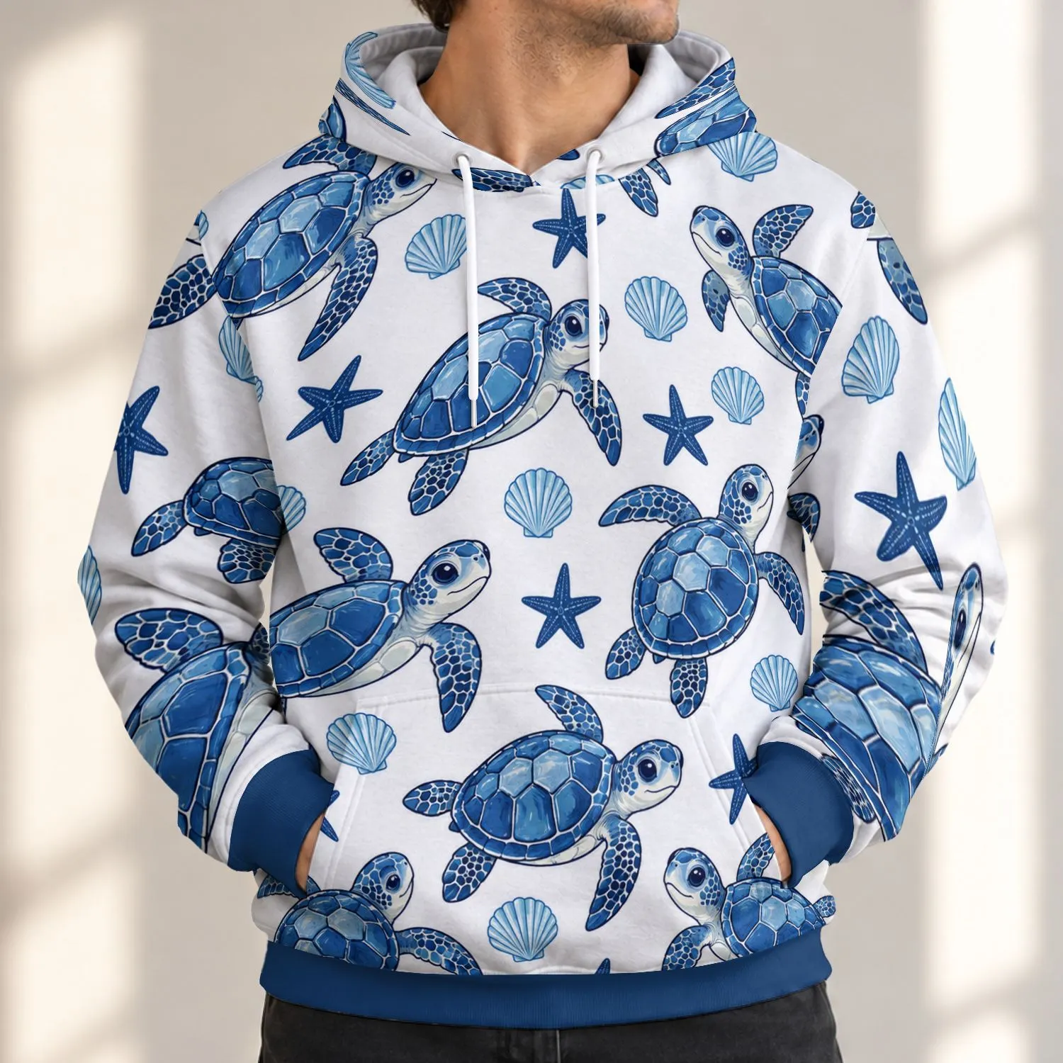Blue Sea Turtles, Starfish And Shells For Relaxed Coastal Everyday Style Lovers All-over Print Hoodie (Lightweight) - 1