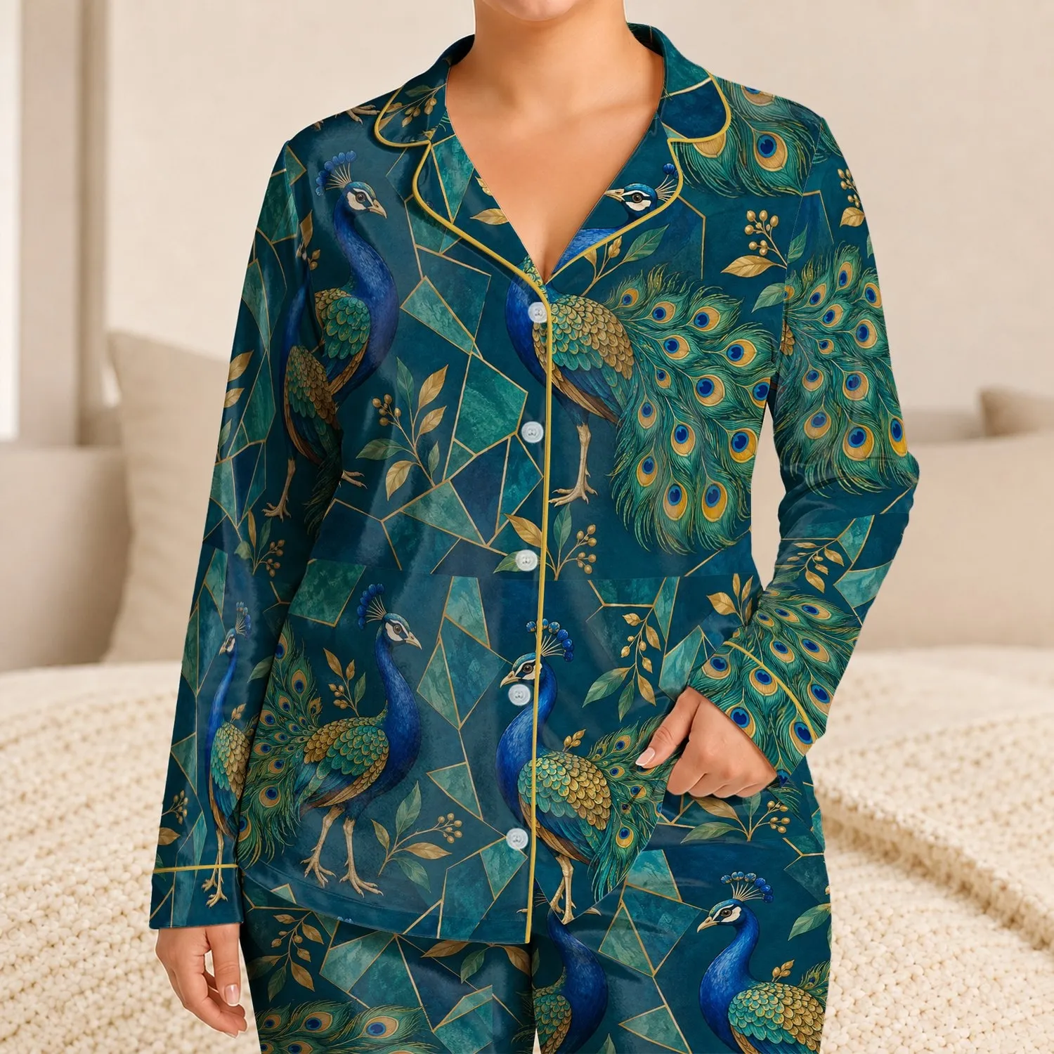Peacock Feather Motifs for Relaxed Evenings and Colorful Weekend Lounging at Home Satin Pajamas Set - 1