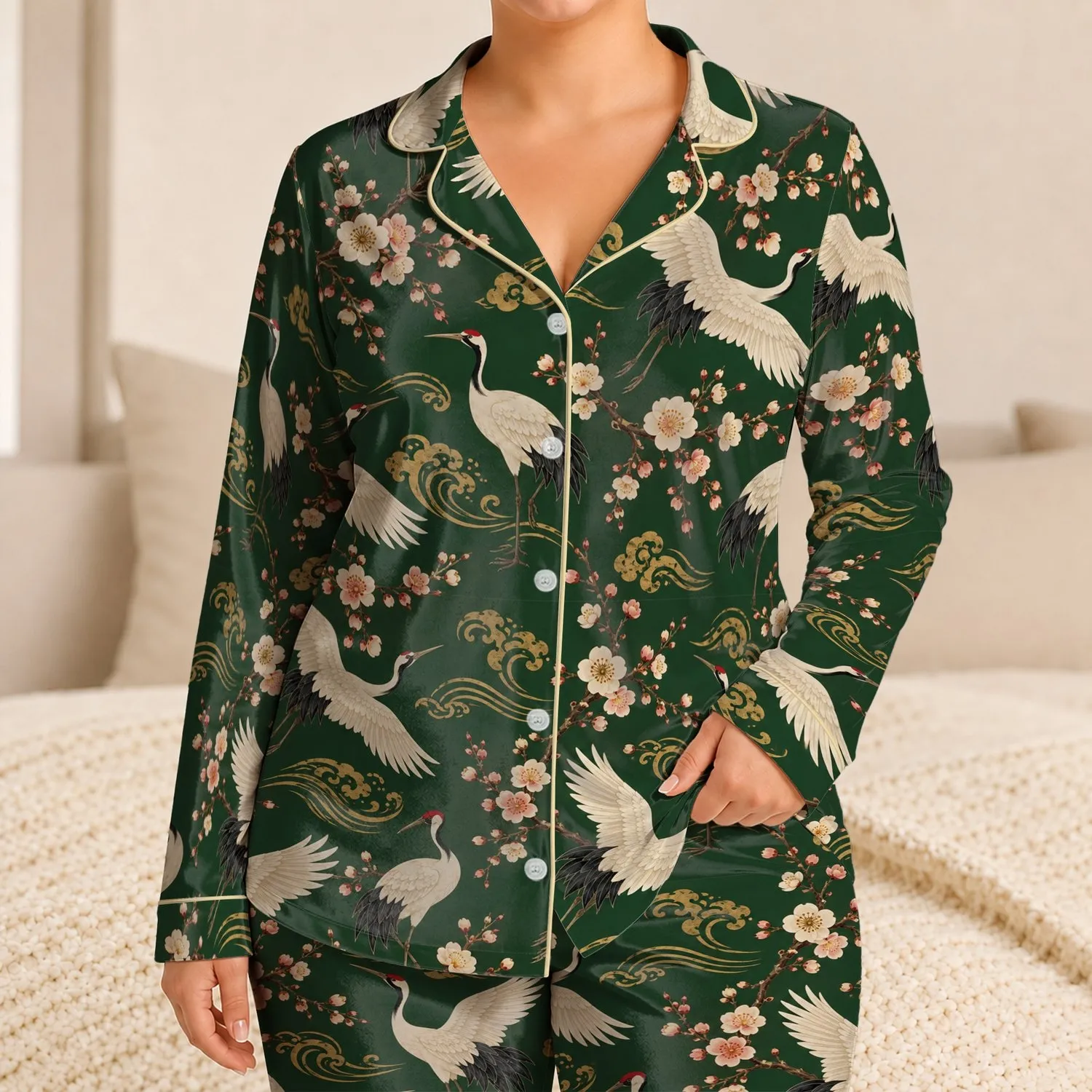 Cranes and Cherry Blossoms for Serene Getaways and Elegant Everyday Lounging Satin Pajamas Set - 1