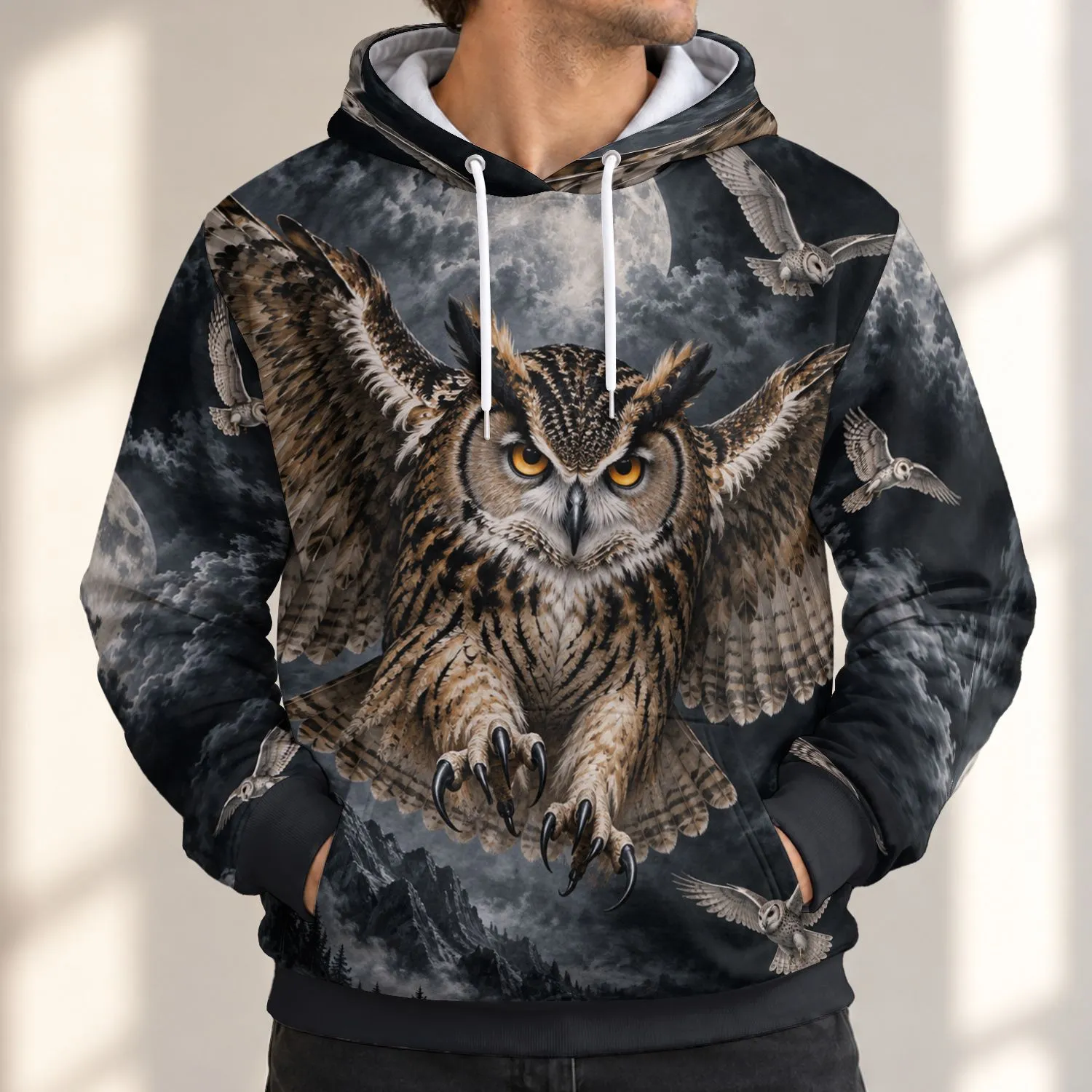 Owl in Moonlit Flight with Small Birds for Nature Lovers and Night Sky Enthusiasts All-over Print Hoodie (Lightweight) - 1