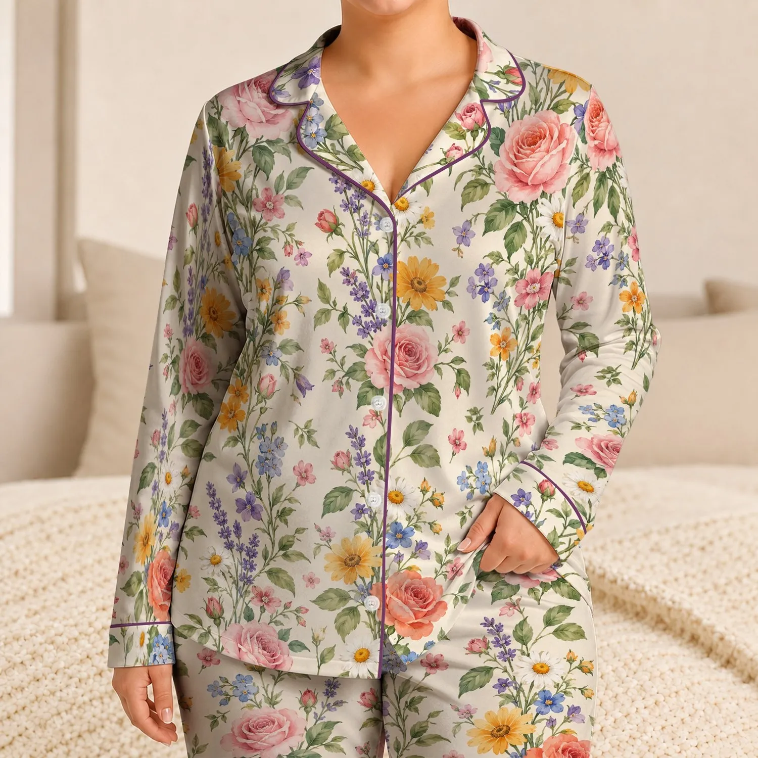 Watercolor Garden Flowers for Relaxed Summer Getaways and Easy Weekend Lounging Satin Pajamas Set - 1