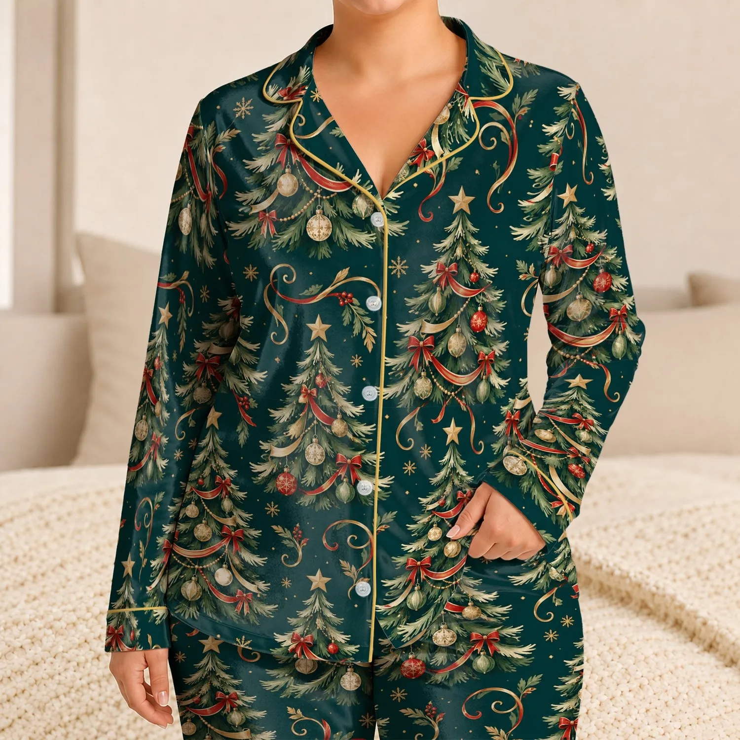 Swirling Christmas Trees and Golden Stars for Cozy Holiday Evenings and Men’s Gatherings Satin Pajamas Set - 1