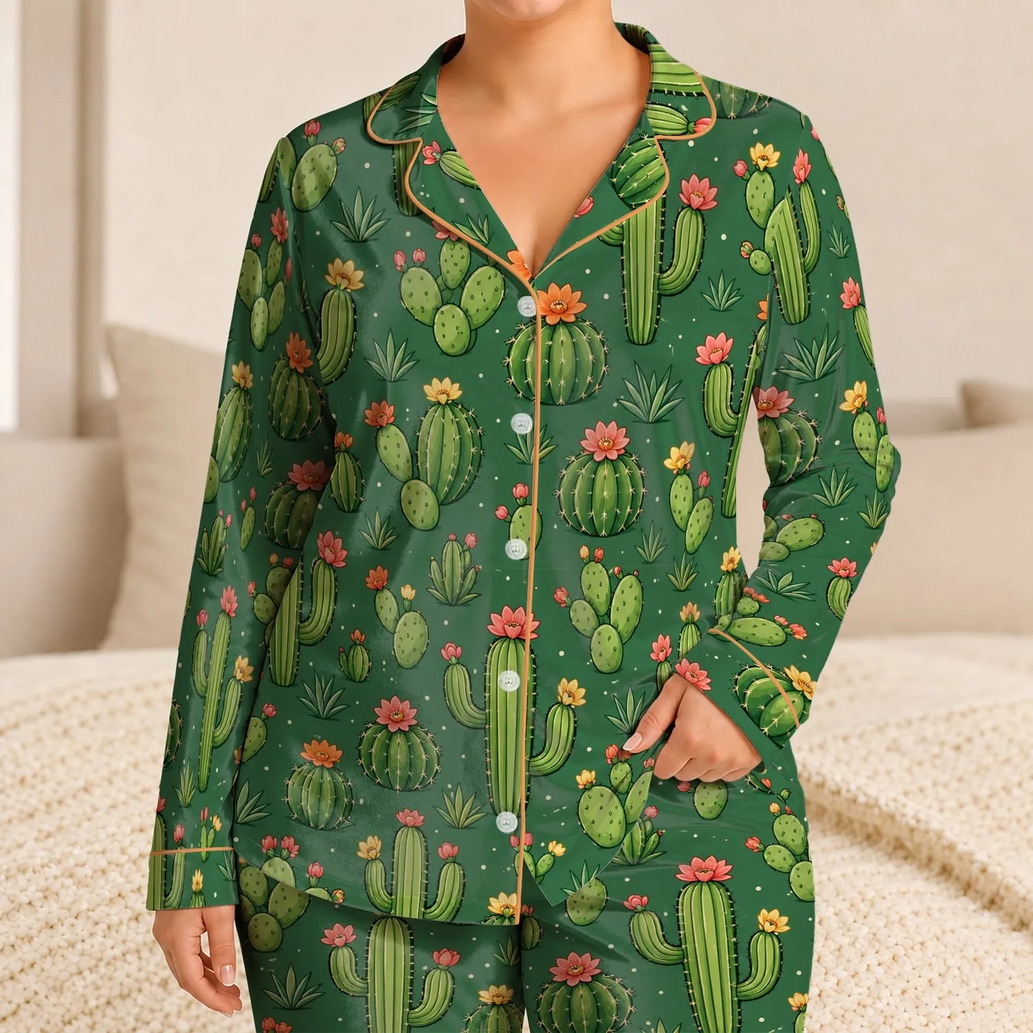 Blooming Cactus Garden with Cheerful Desert Colors for Relaxing Weekends Satin Pajamas Set - 1