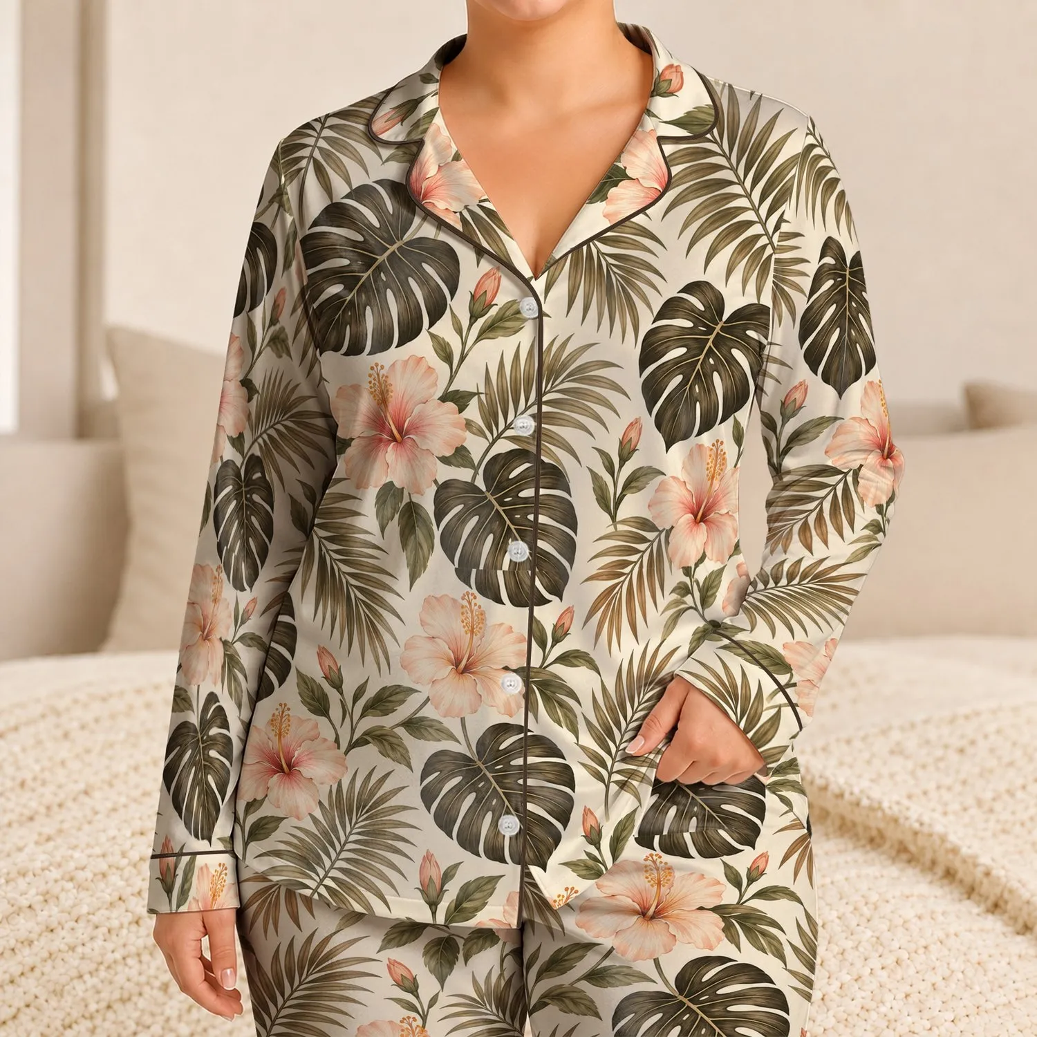 Monstera Hibiscus Tropical Foliage for Relaxed Island Getaways and Summer Lounging Satin Pajamas Set - 1