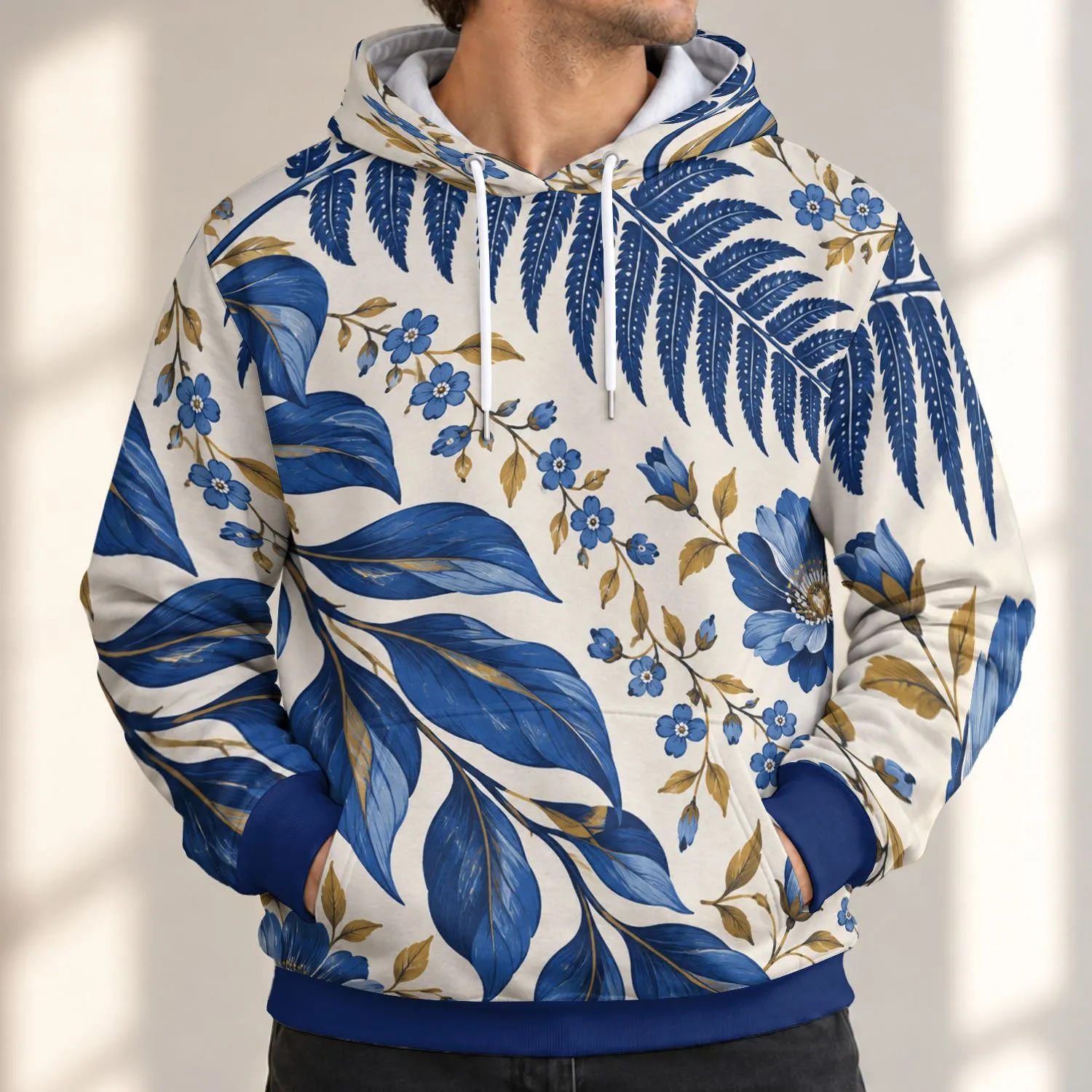 Navy Blue Botanical Florals for Relaxed Weekend Style and Everyday Casual Outings All-over Print Hoodie (Lightweight) - 1