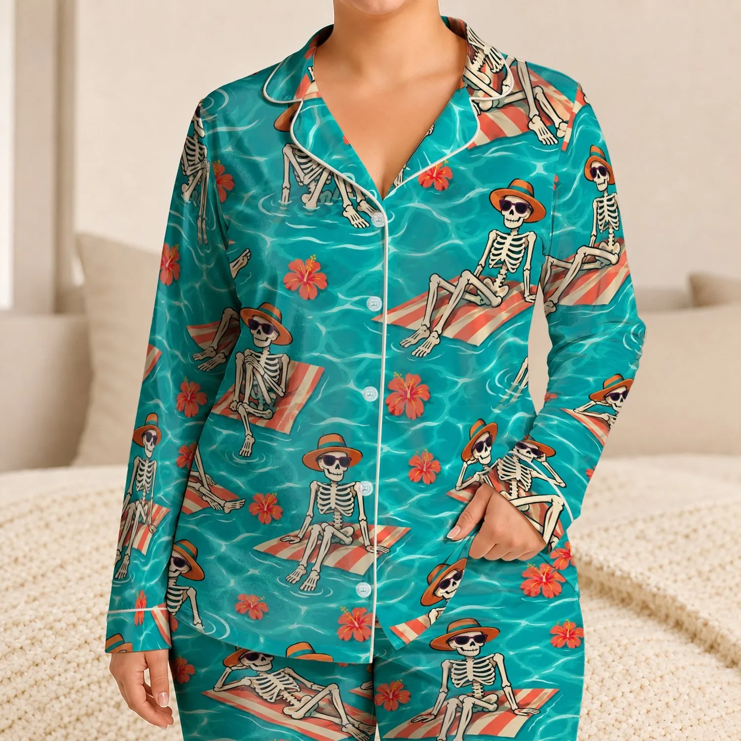 Tropical Skeleton Beach Loungers for Playful Summer Getaways and Poolside Escapes Satin Pajamas Set - 1