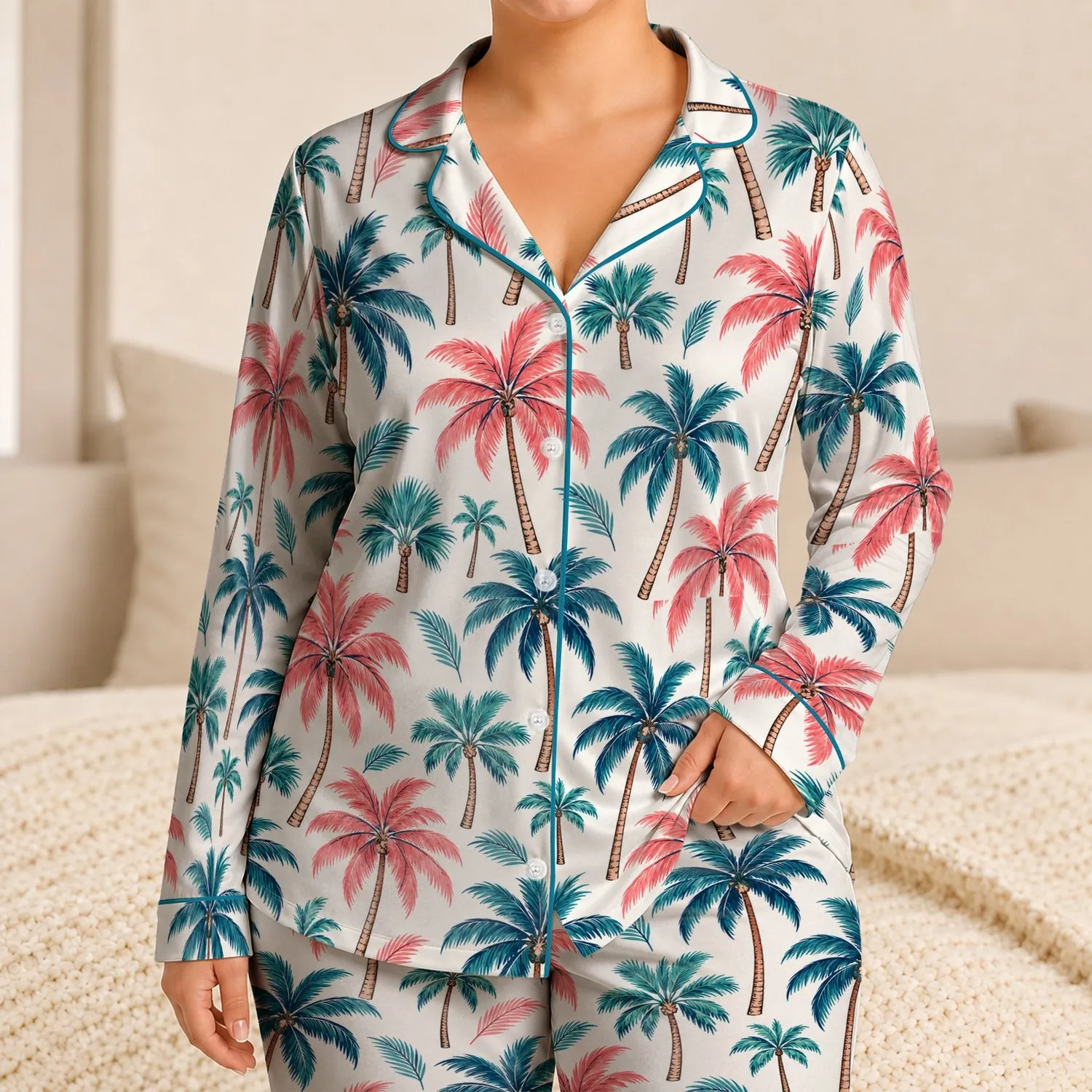 Retro Palm Tree Motifs for Relaxed Tropical Getaways and Sunny Coastal Weekend Style Satin Pajamas Set - 1
