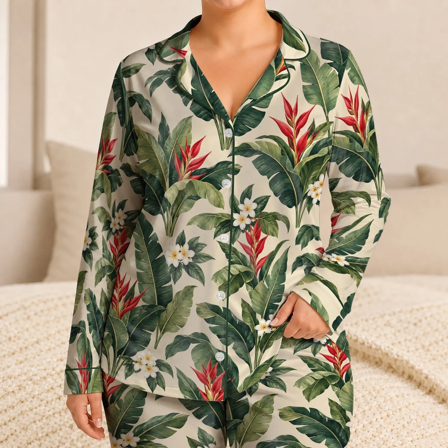 Tropical Banana Leaves and Scarlet Blooms for Relaxed Island Getaways and Beach Days Satin Pajamas Set - 1