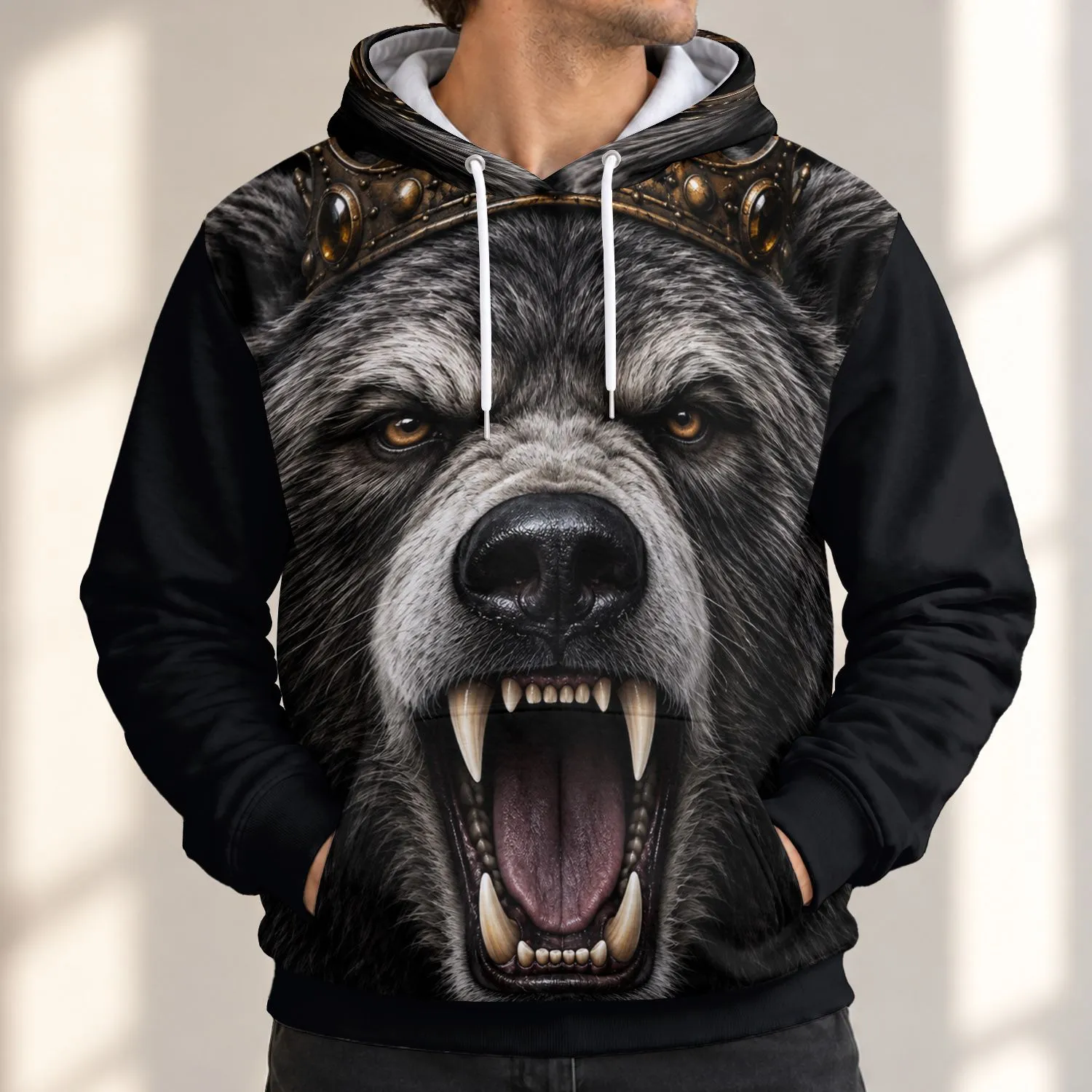 Regal Roaring Bear Portrait for Bold Outdoor Adventures and Everyday Wear All-over Print Hoodie (Lightweight) - 1