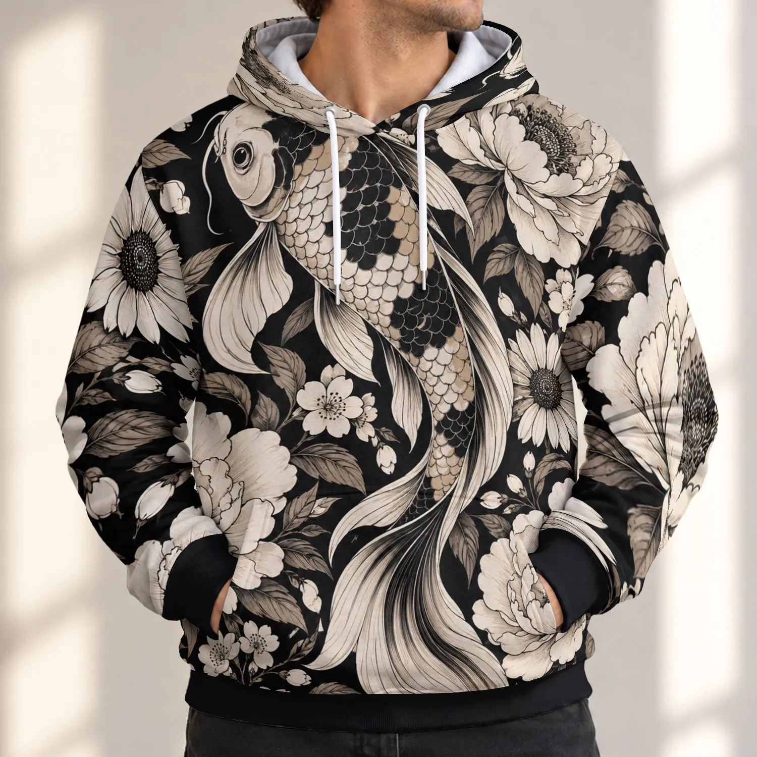 Ivory Koi And Wildflower Motifs For Relaxed Spring Outings And Everyday Casual Wear All-over Print Hoodie (Lightweight) - 1