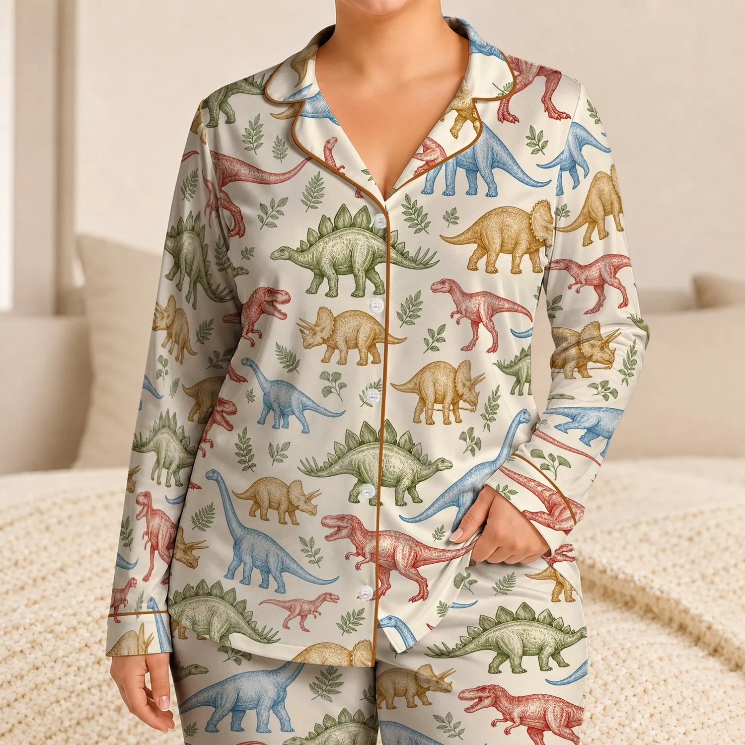 Colorful Dinosaur Sketches for Cozy Bedtime and Relaxed Family Weekends Satin Pajamas Set - 1