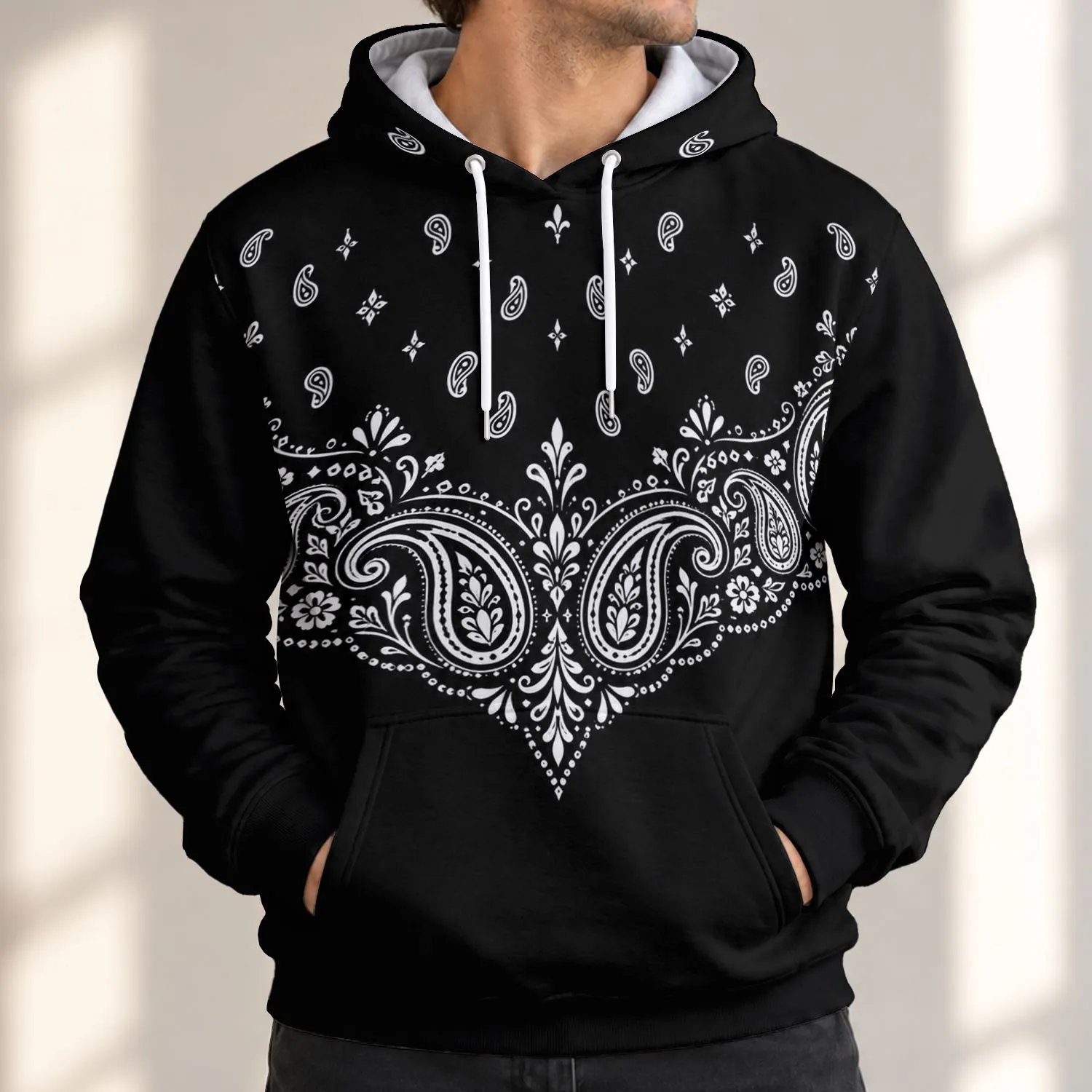 Black And White Paisley Bandana Motif For Everyday Fall Style And Gift Giving All-over Print Hoodie (Lightweight) - 1