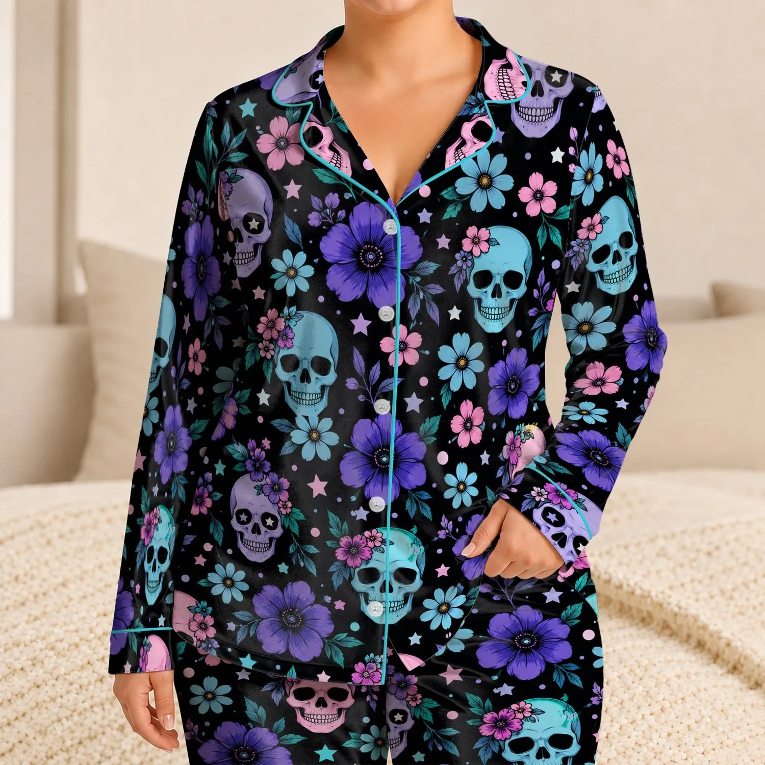 Gothic Skull And Violet Blooms For Spooky Halloween Nights And Cozy Autumn Evenings Satin Pajamas Set - 1