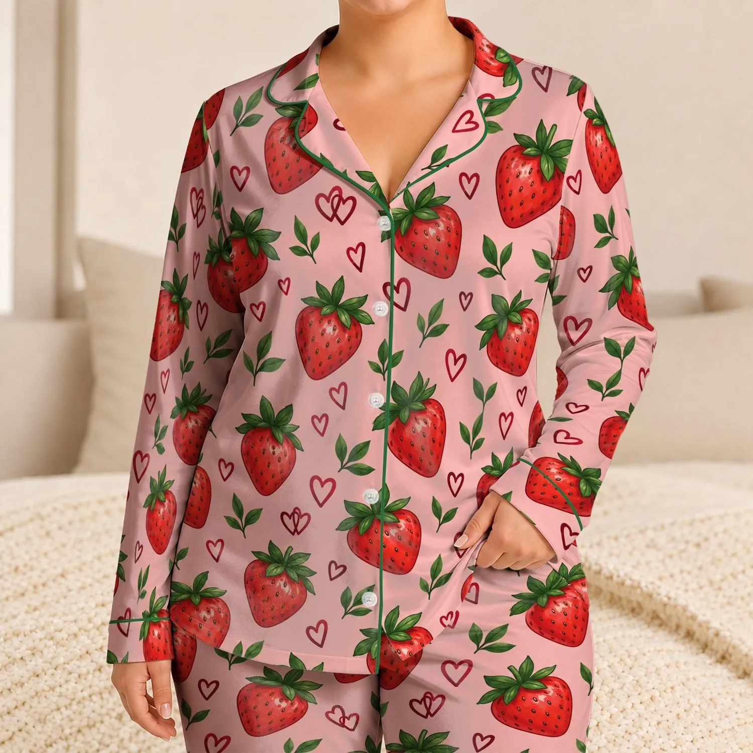 Strawberry Heart Motifs for Cozy Romantic Evenings and Sweet Everyday Comfort Satin Pajamas Set - 1
