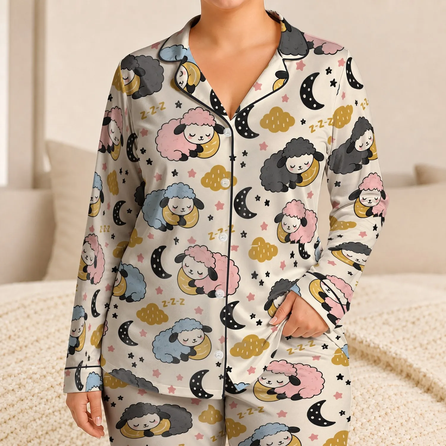 Sleeping Sheep, Moon And Cloud Motifs For Cozy Bedtime Gifting For Women Satin Pajamas Set - 1