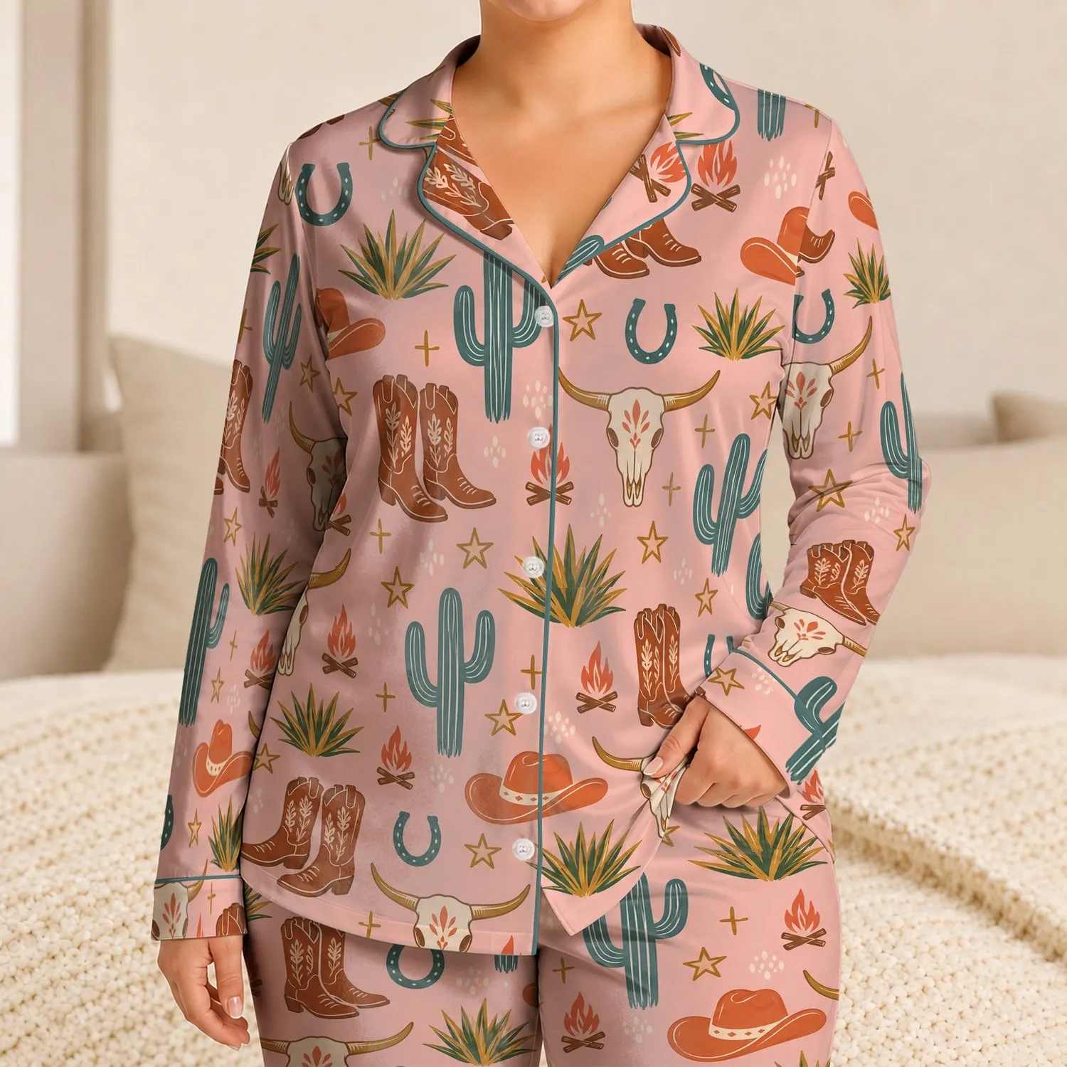 Pink Western Cactus, Bull Skull and Cowboy Boots for Relaxed Desert Getaways Satin Pajamas Set - 1
