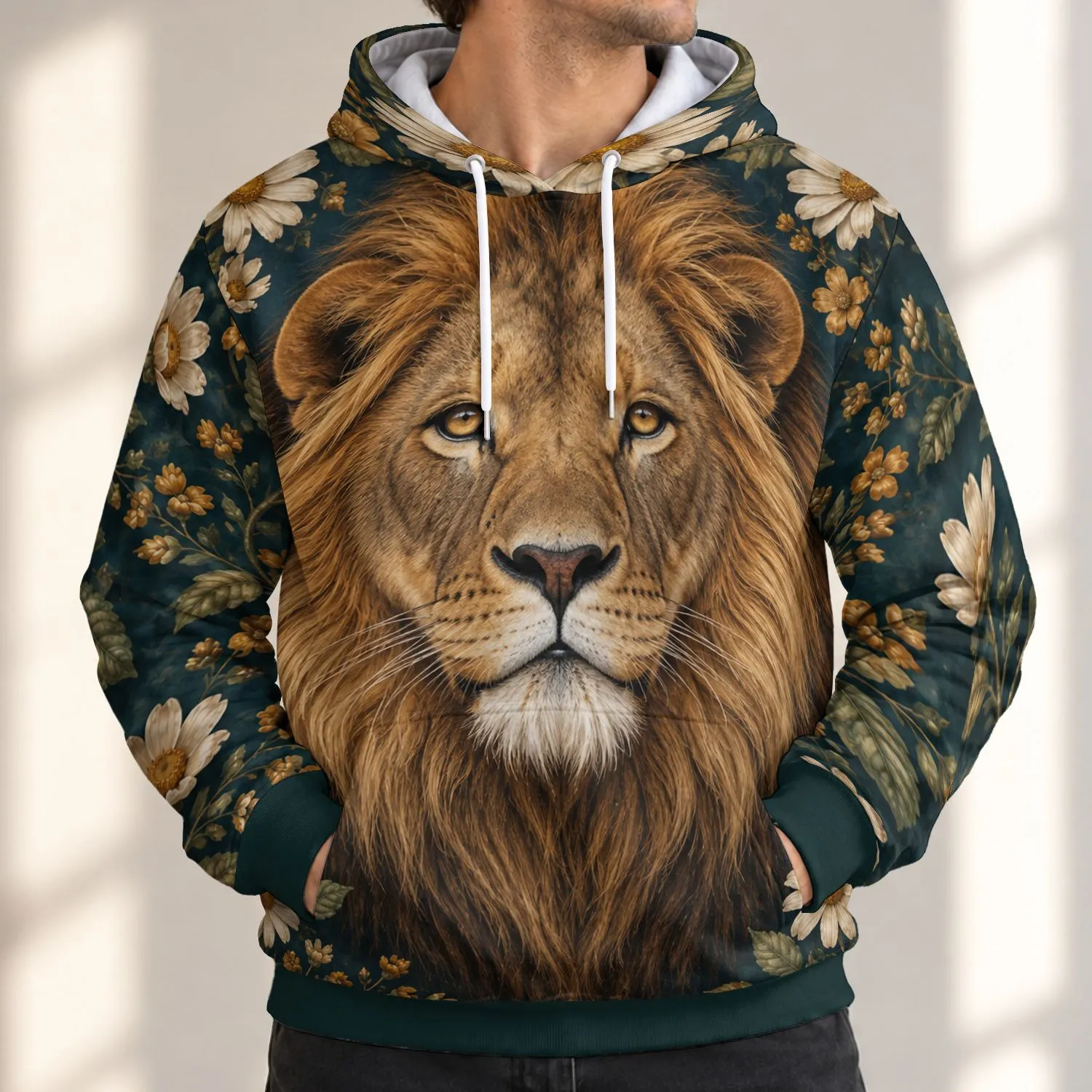 Regal Lion Portrait and Vintage Botanicals for Confident Everyday Casual Wear All-over Print Hoodie (Lightweight) - 1