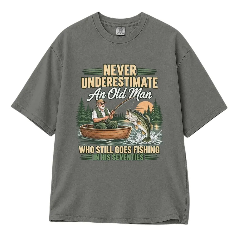 Old Man Fishing Long Sleeve Shirt, Never Underestimate a Fisherman in His Seventies, Gift for Men, Tee, Hoodie, Sweatshirt - 1