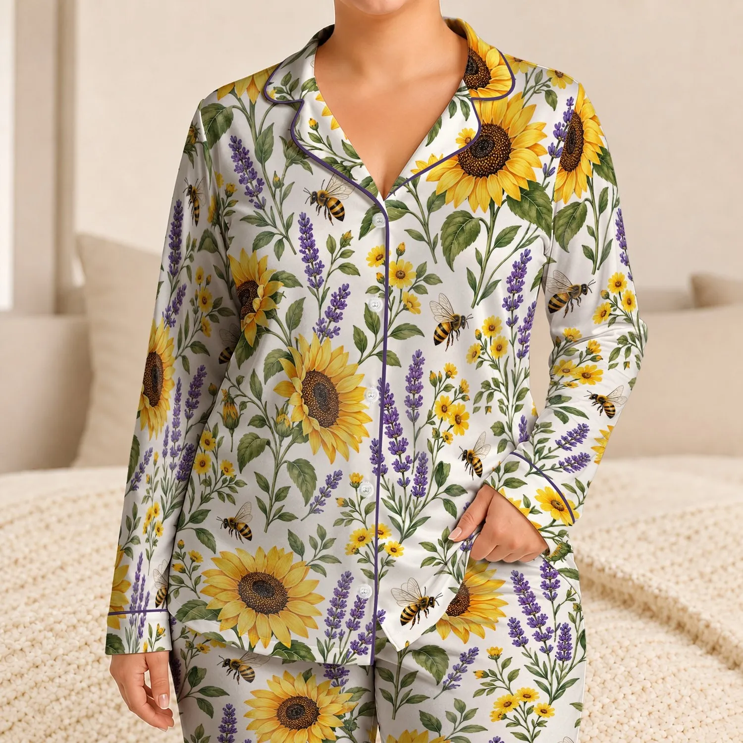 Sunflowers, Honeybees and Lavender for Cozy Lounging at Home, Women's Botanical Style Satin Pajamas Set - 1