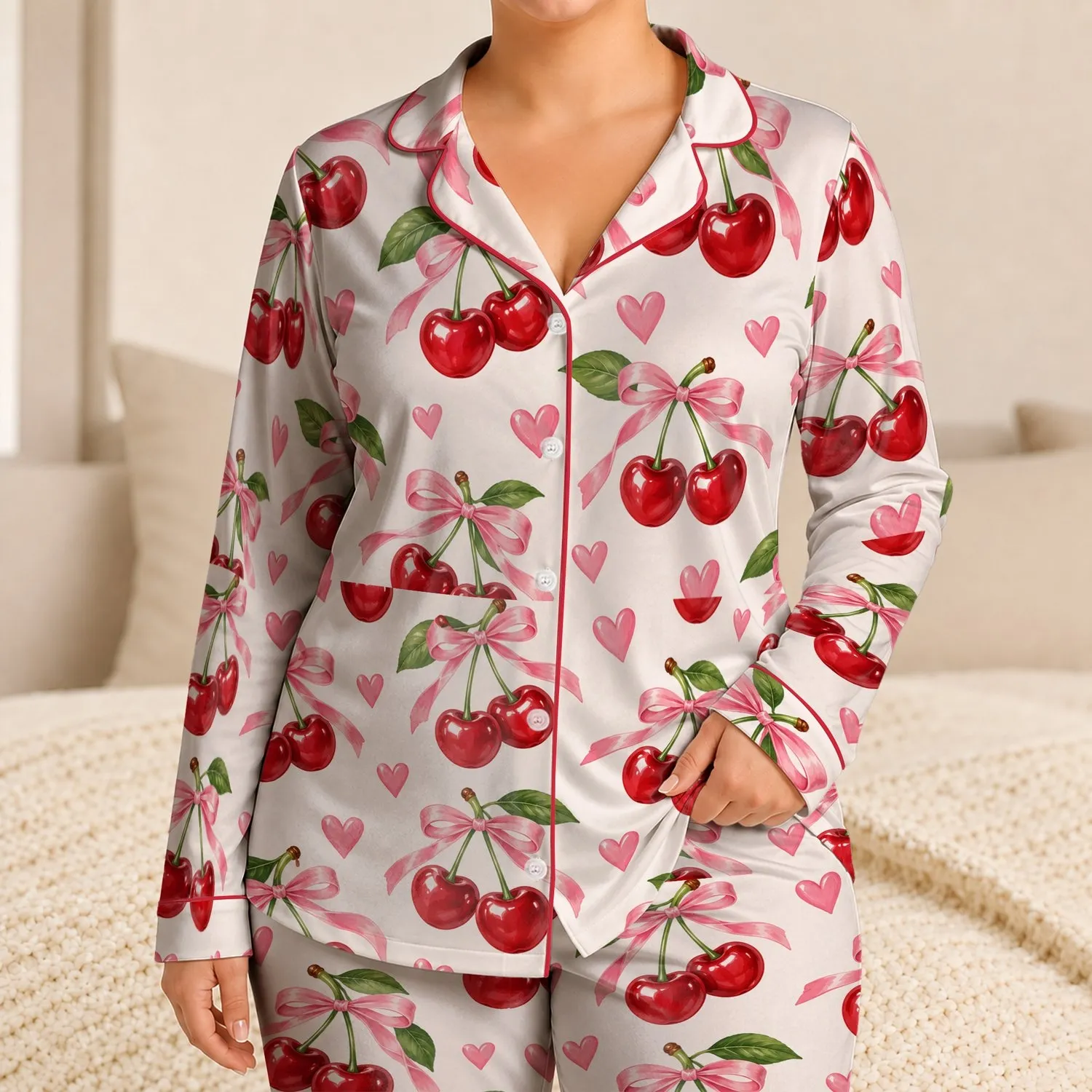 Cherry Bow Pairs For Romantic Spring Gifting And Sweet Summer Style Satin Pajamas Set - 1