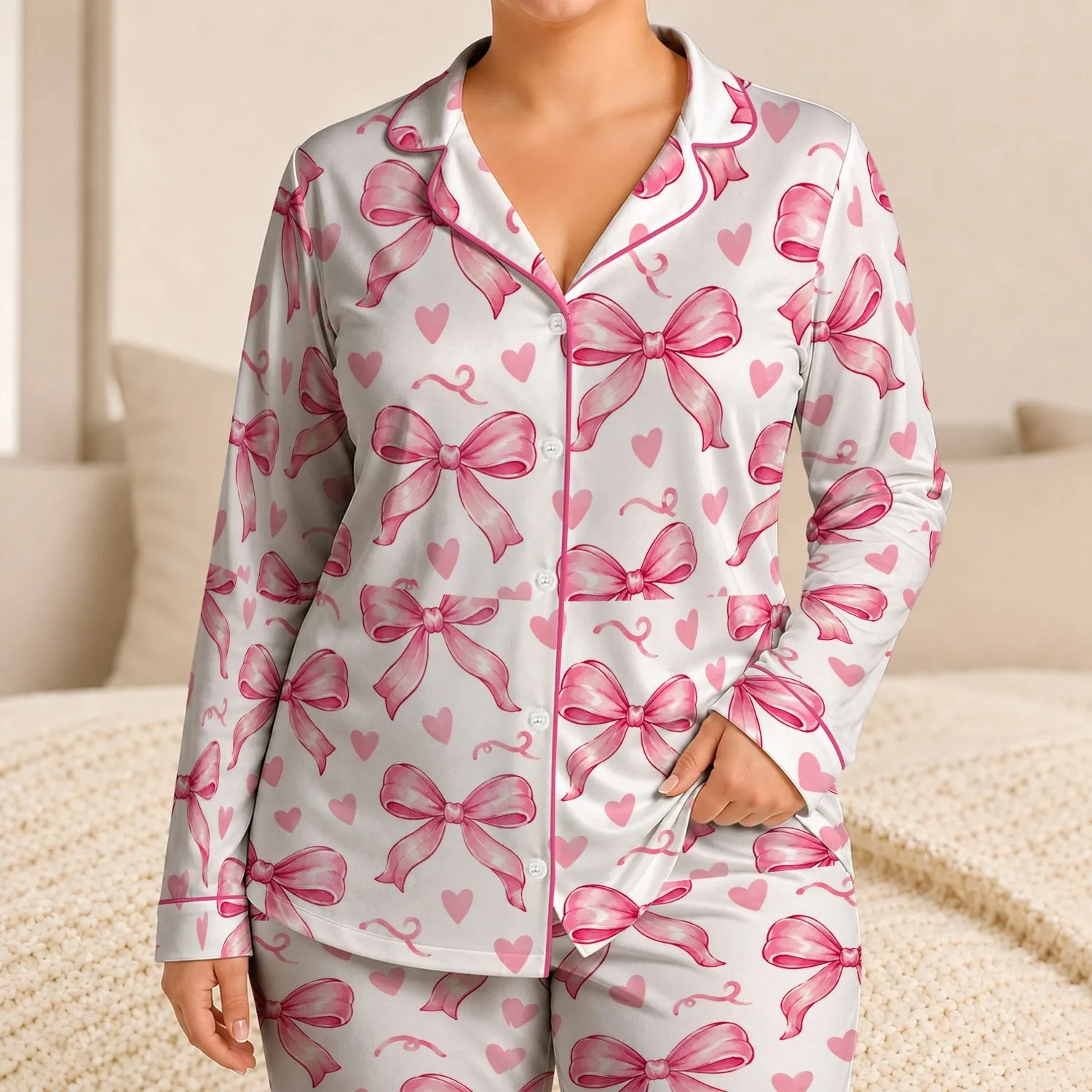 Pink Bow and Heart Motifs for Romantic Valentine Gifting and Sweet Springtime Style Satin Pajamas Set - 1