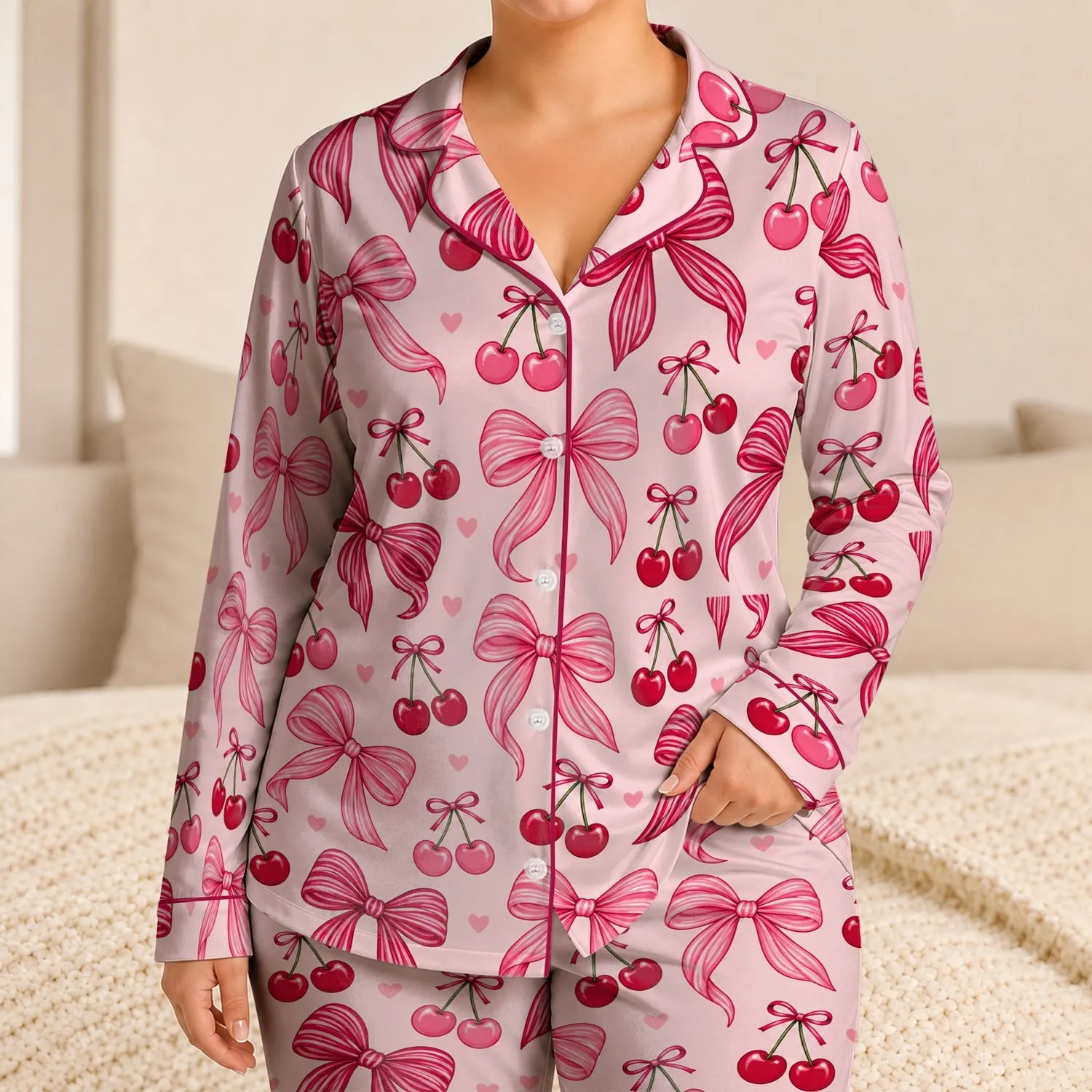 Cherry And Ribbon Bow Motifs For Sweet Cozy Evenings And Relaxed At-Home Style For Her Satin Pajamas Set - 1