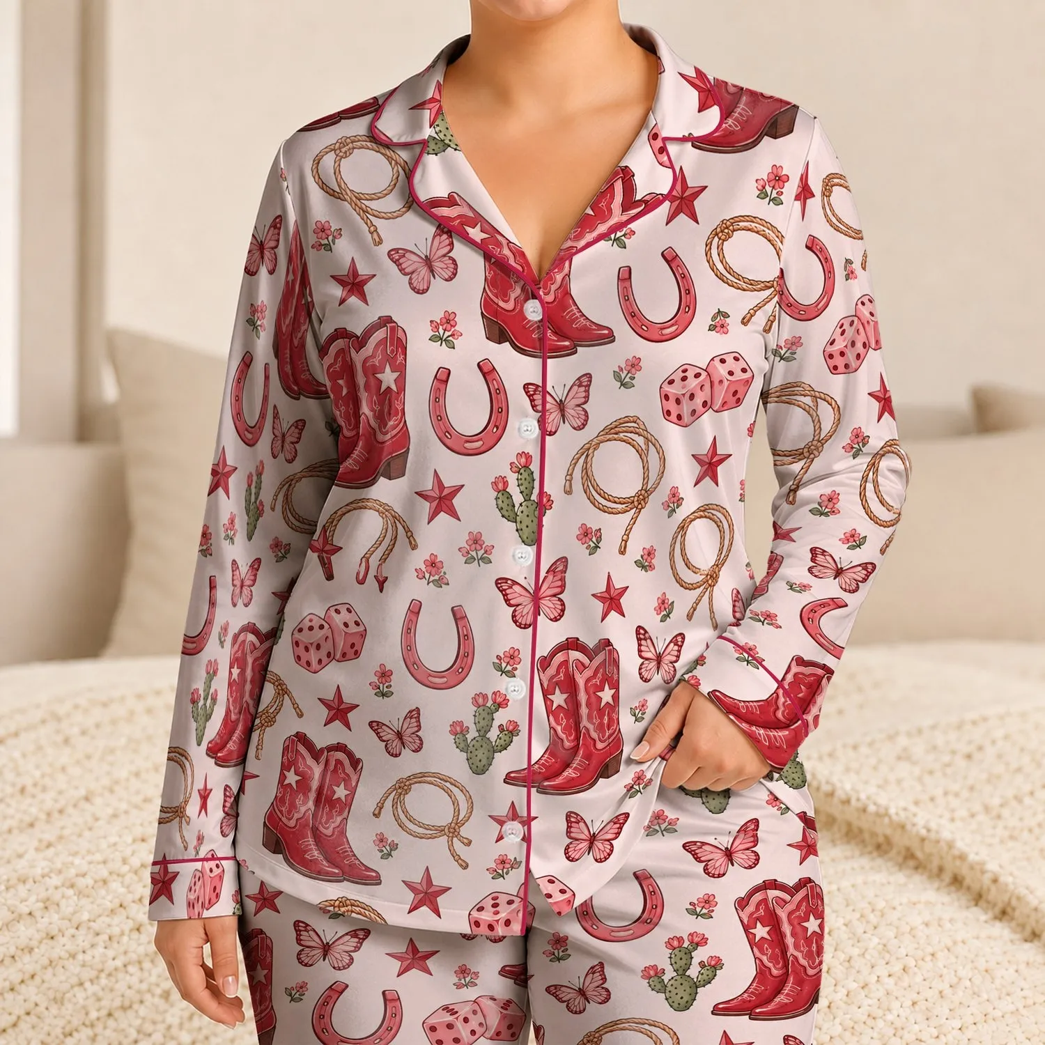 Western Boots, Horseshoes And Dice For Cozy Autumn And Winter Ranch Evenings Away Satin Pajamas Set - 1