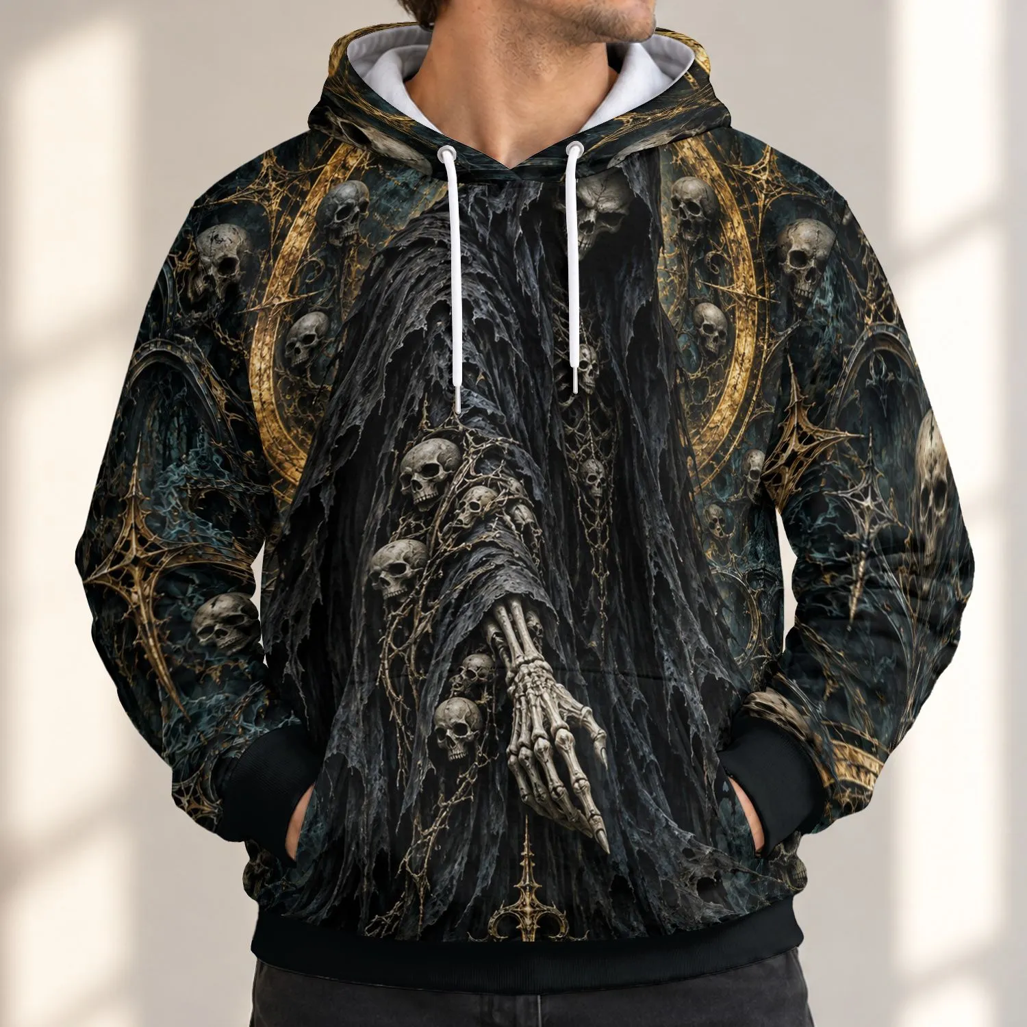 Gothic Reaper Skull and Golden Halo for Halloween, Nightlife, and Dark Fantasy Fans All-over Print Hoodie (Lightweight) - 1