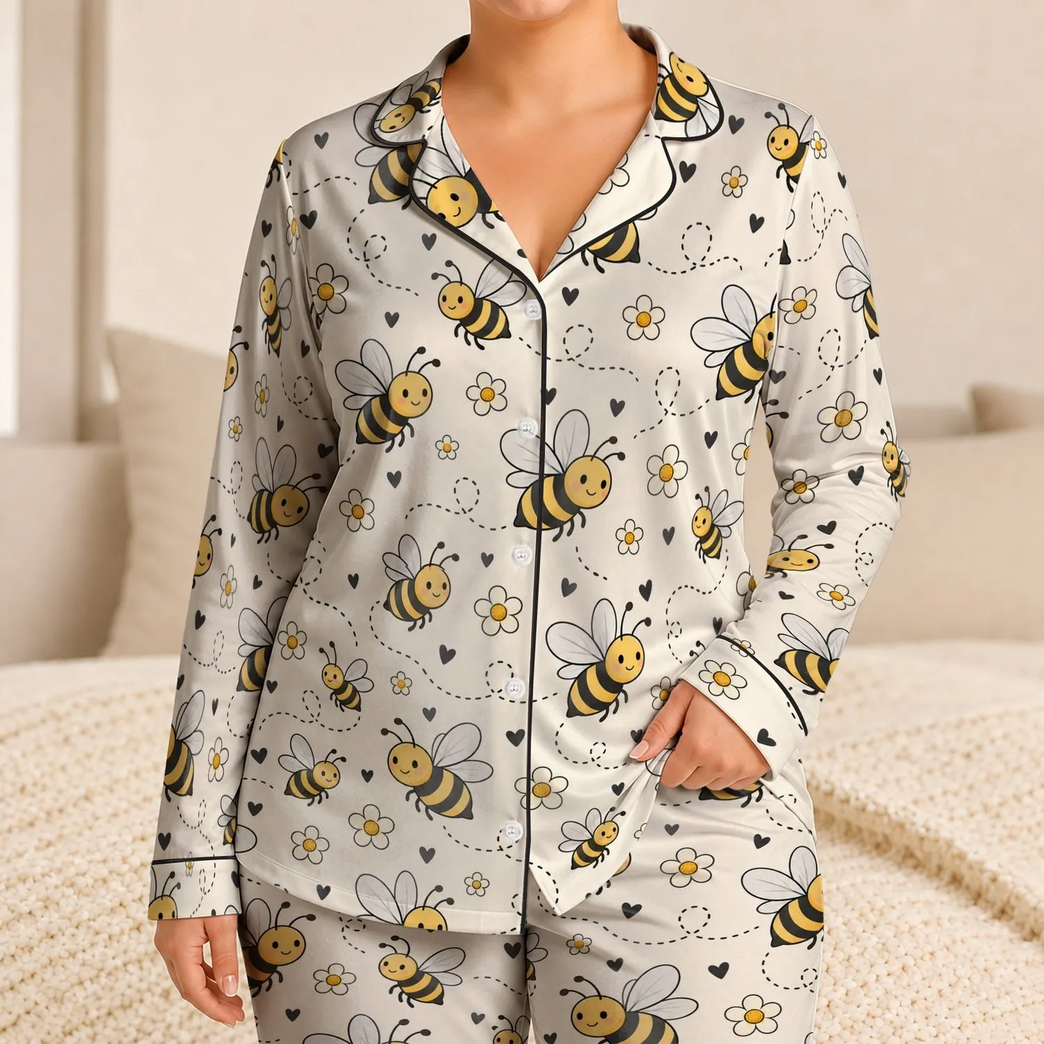Cute Cartoon Bees and Honeyblooms for Cozy Lounging and Sweet Weekend Relaxation Satin Pajamas Set - 1
