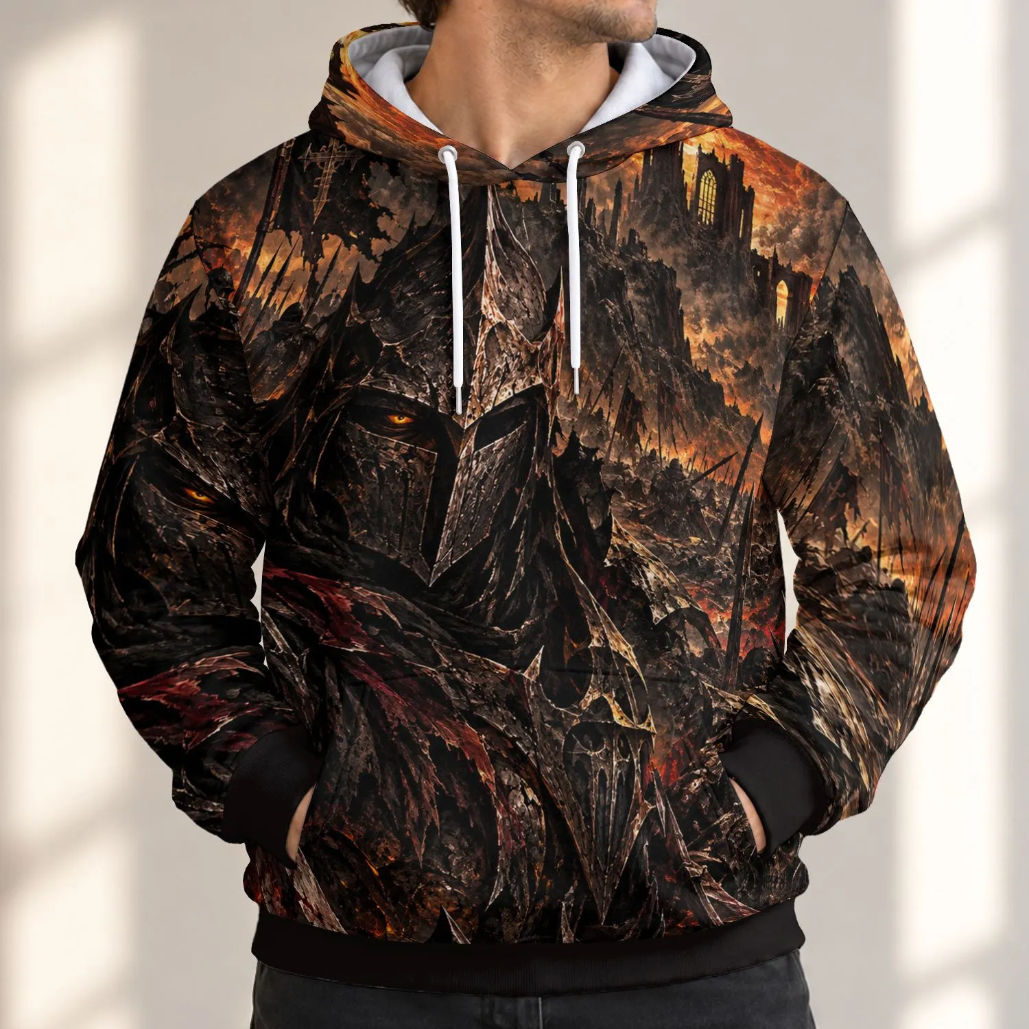 Fiery Armored Warrior Battle Scene for Bold Everyday Adventure Wear All-over Print Hoodie (Lightweight) - 1