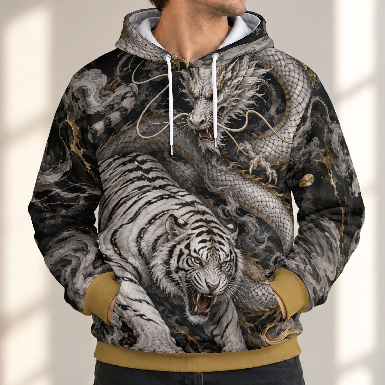 Golden Dragon and White Tiger for Bold Everyday Streetwear and Outdoor Adventures All-over Print Hoodie (Lightweight) - 1