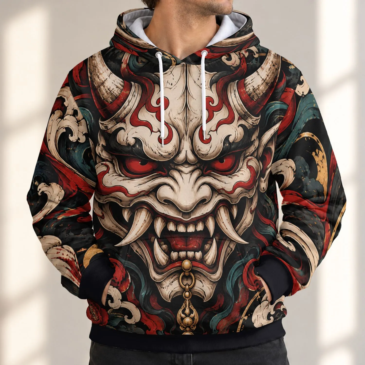 Ornate Horned Demon Mask for Dark Alternative Streetwear and Halloween Night Out All-over Print Hoodie (Lightweight) - 1